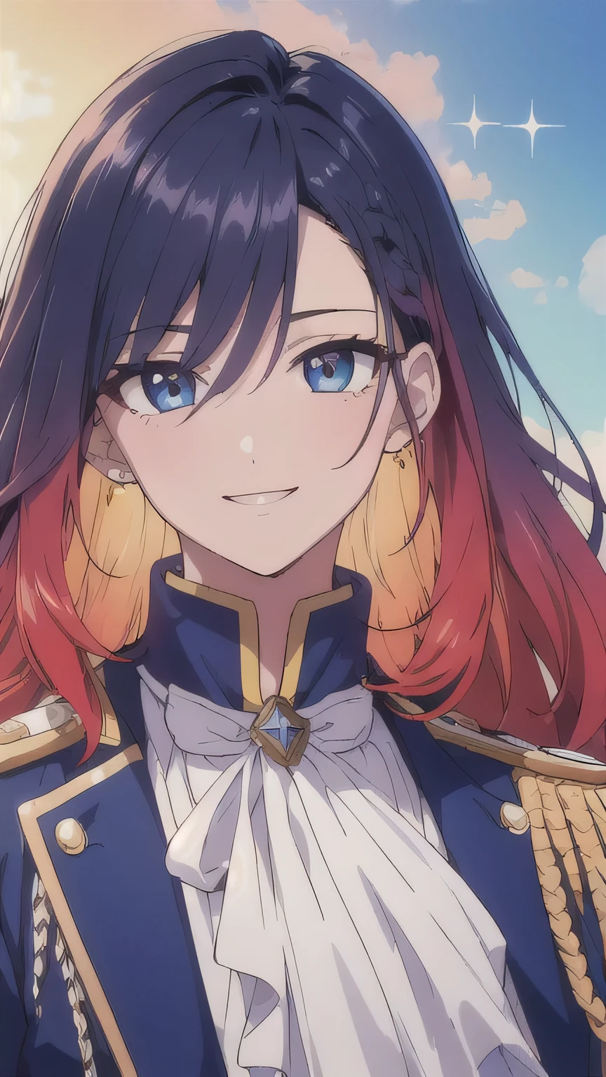((best quality)), ((masterpiece)), (detailed face and eyes), detailed hands and fingers, perfect face, accurate, textured skin, high details, multicolored hair, gradient hair, hair between eyes, hair over shoulder, big hair, hair over eyes, hair flaps, mole under eye, tareme, smile, Expressionism, anime, sparkle, Military uniform, Napoleon, French Revolution, cowboy shot