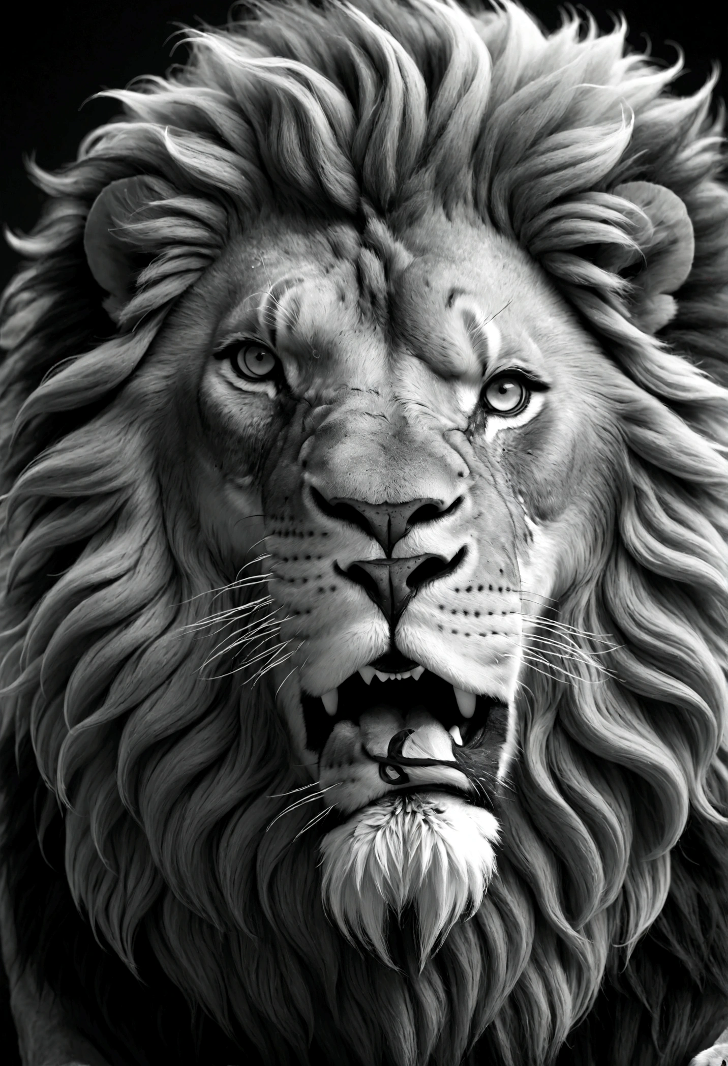 strong lion with a lot of flowing mane in black and white front