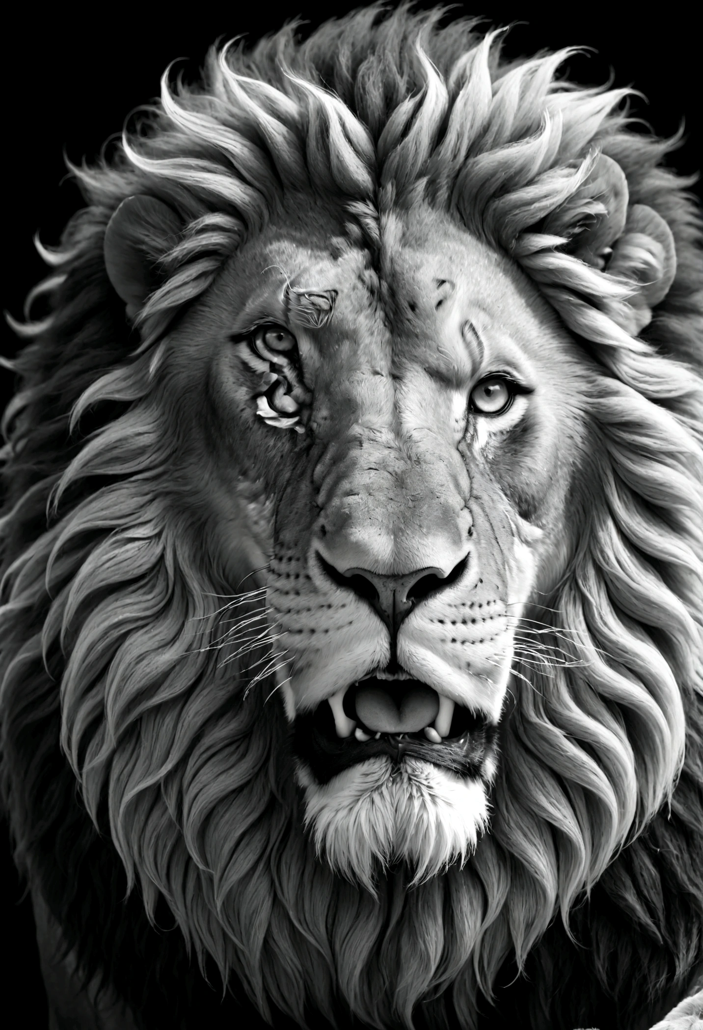strong lion with a lot of flowing mane in black and white front