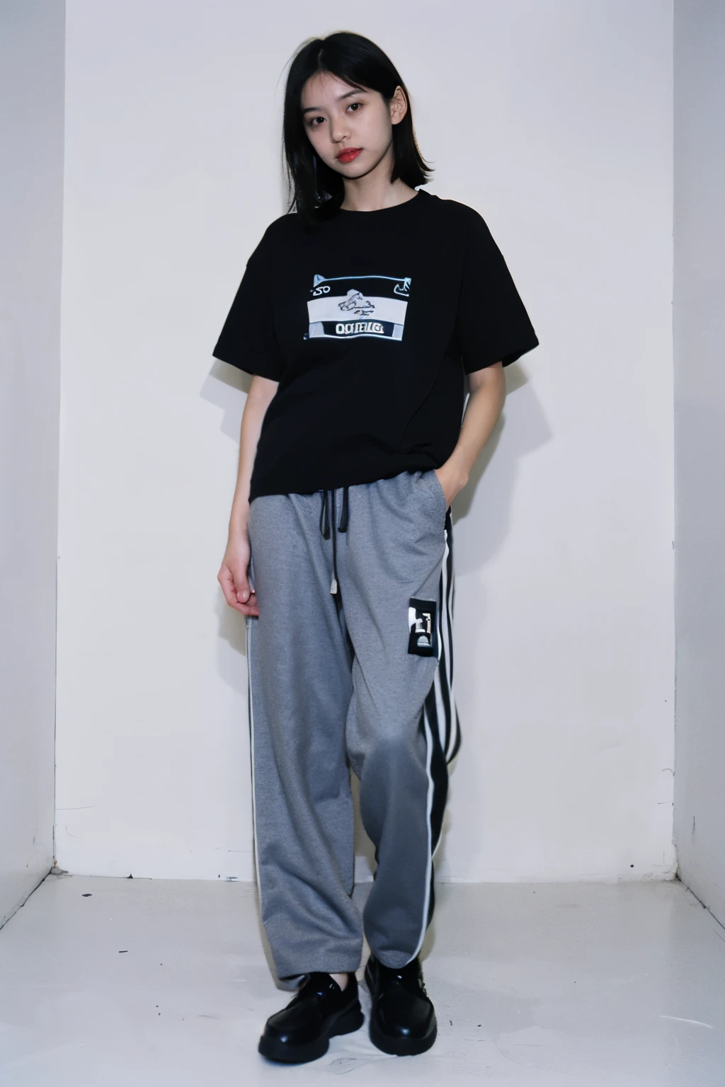 a GIRL wearing a black shirt with a blue logo on it, official product image, official product photo, 2 techwear GIRL, trending on r/streetwear, cybertech wear, FULL BODY SHOT, WITH WHITE BACKGROUND AT STUDIO, WITH PURPLE LIGHTING, WEARING BAGGY PANTS, trending on r/techwearclothing, wearing cyberpunk streetwear, SHE is wearing streetwear, wearing space techwear, casual black clothing, official, black t shirt, WOMAN in streetwear,kara,Chatezz,m4d4m,j3fri