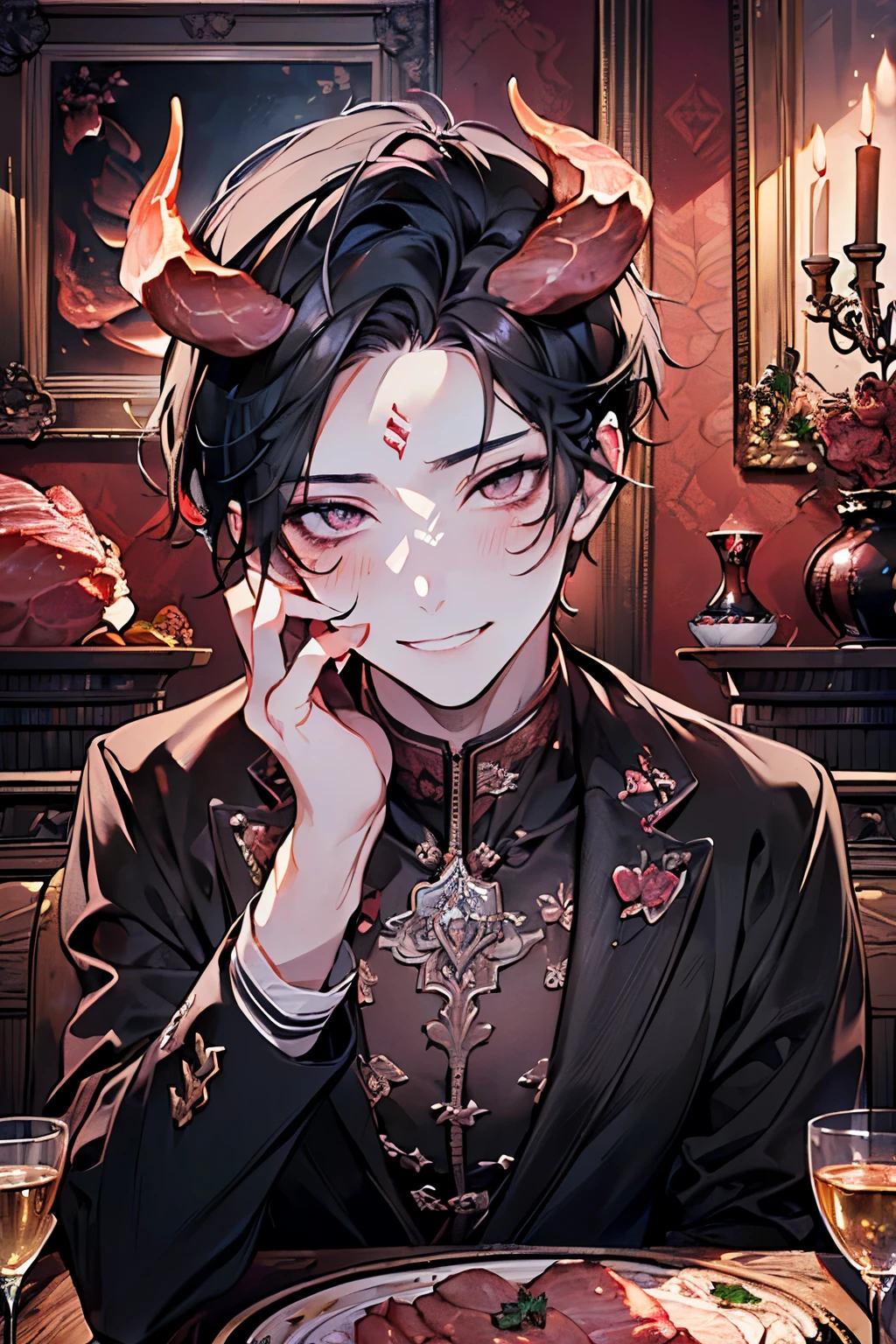 ((male:1.5)),(forehead mark),(black hair:1.2),((Devil horns:1.2)),(Nihilistic smile:1.5),((A room with a sexy atmosphere:1.25)),(nsfw:1.1),((high quality:1.1)),((beautiful image:1.1)),Close-up of face,(blush,Falling into Pleasure:1.3),((Fancy Meals:1.2)),((Antique furniture and tableware:1.1)),((Roasted pork:1.4))