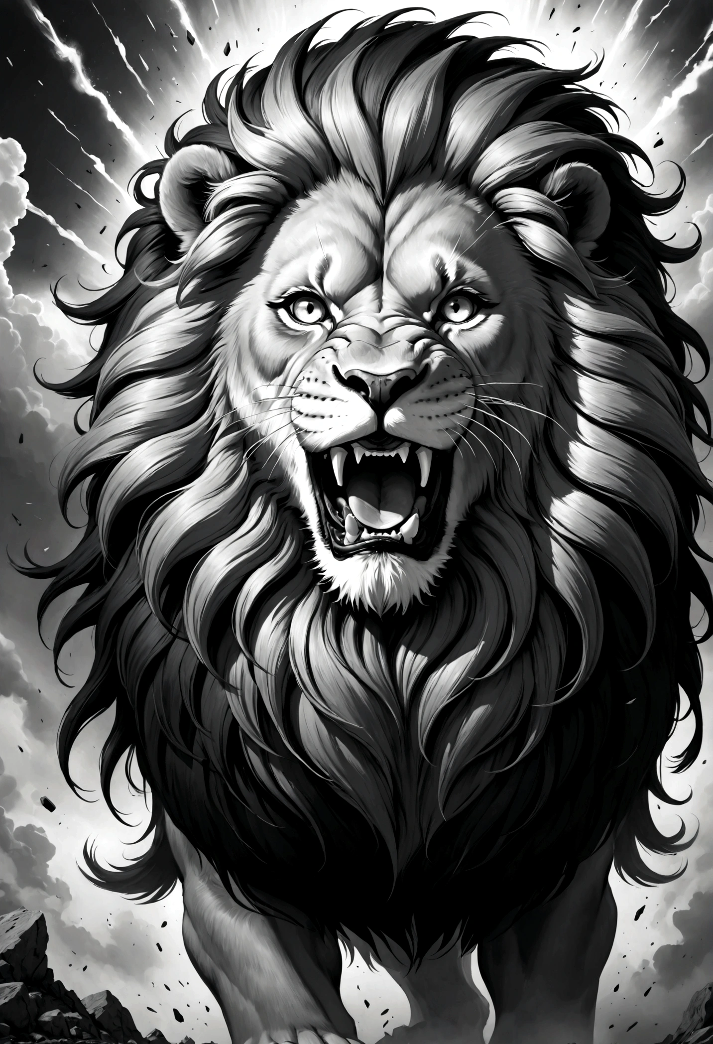 strong lion with a lot of flowing mane in frontal black and white explosion