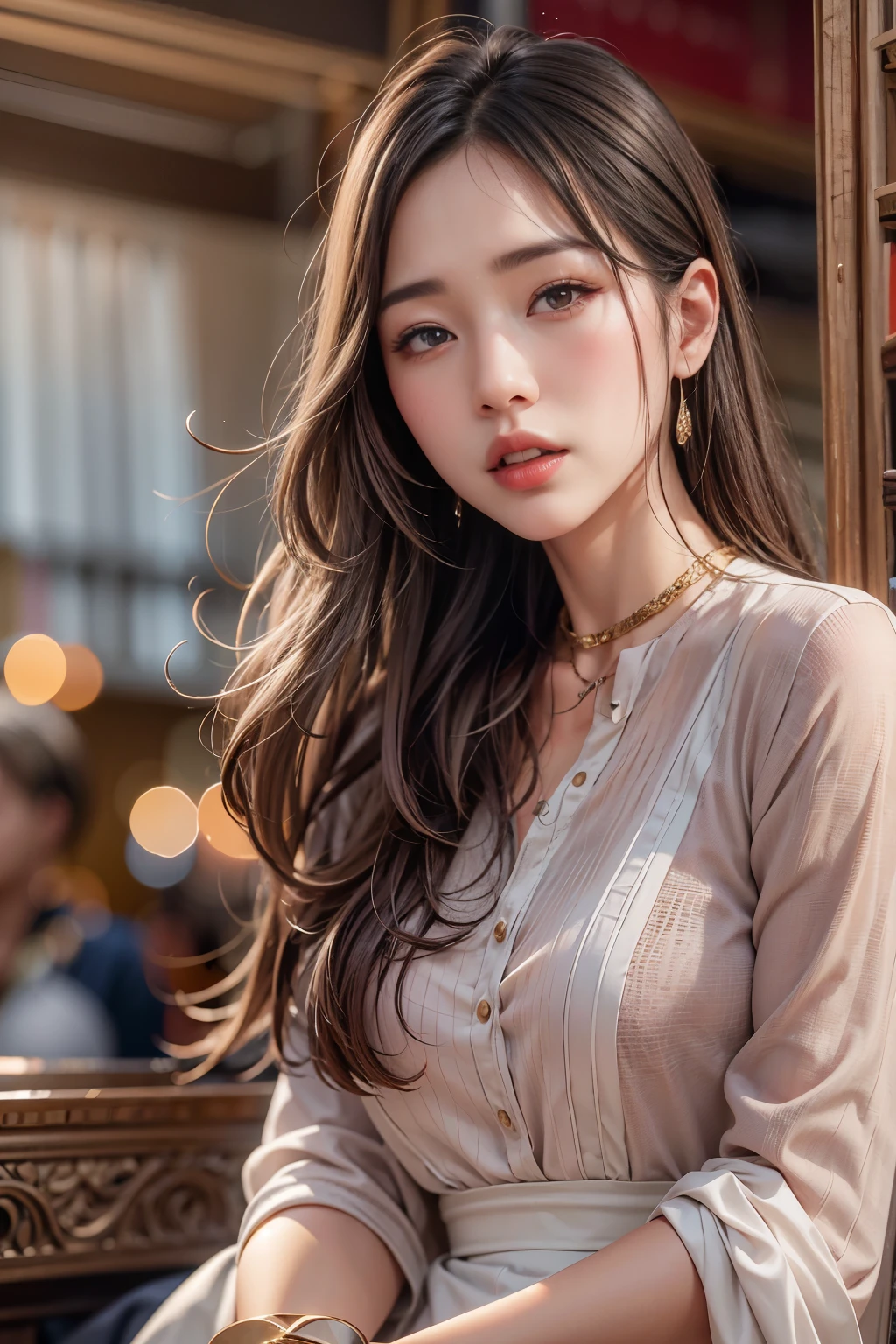 Realistic photos (one cute korean actress) Straight long hair, light makeup,  huge firm bouncing bust, Long dress, close, Canon EOS 8K high resolution captures facial features clearly, Sharp details, Realistically, ,