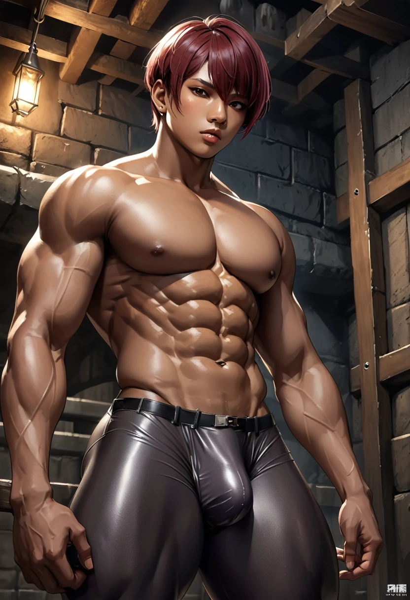 high quality, detailed, Realistic, 22 years old bulky japanese shemale, (large chest), (abs:1.5), (detailed brown eyes), (dark skin), (naked), dark red short hair, (bulge:1.4), dungeon,