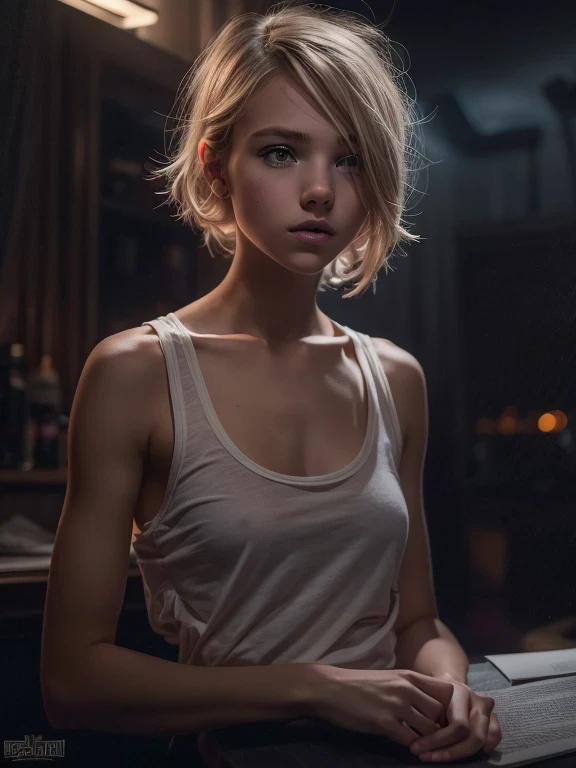 ****ung girl, blonde hair, very small breasts, flat chested, runners skinny body, 18yo (best quality:1) , (masterpiece:1), (ultra detailed:1), photorealism, upper body, (looking at viewer:1.1), (indoors, night, darkness, dark room:1.2) side on, short hair, atmospheric lighting, moody and gritty, low key lighting