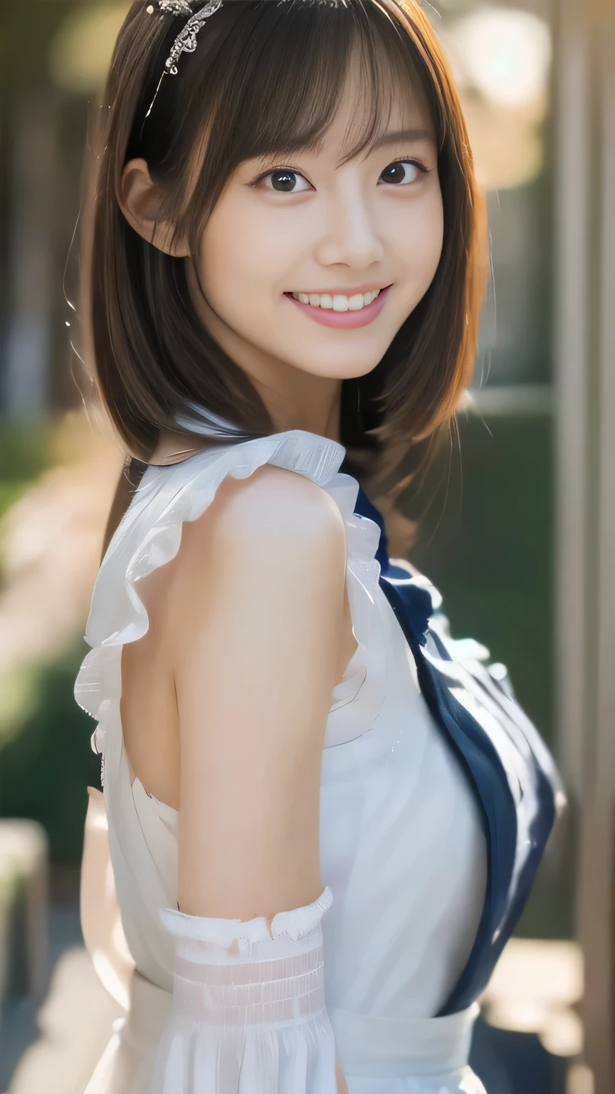 masterpiece　Ultra-high sensitivity　whole body　chocolate covered　very cute woman, bangs, extremely kind face, light eye makeup, emphasize the chest　 looking at the viewer, smile, brown hair,red ribbon　  soft lighting, blurred background, Bokeh,