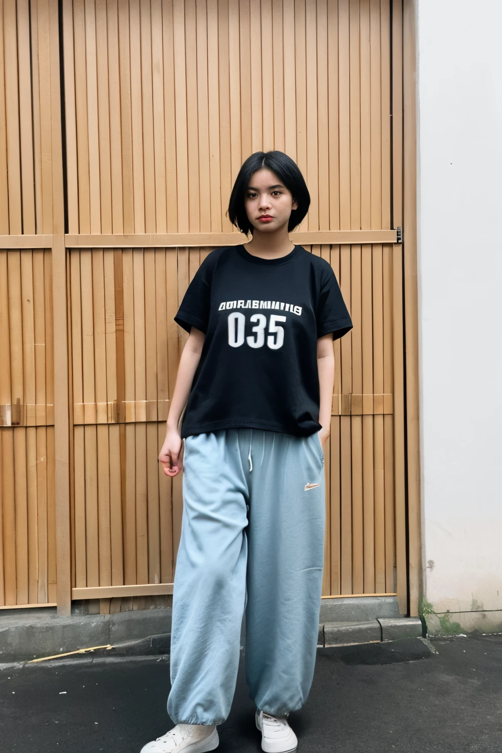 young but ugly thai girl, a little bit chubby wearing shorts and oversize t-shirt