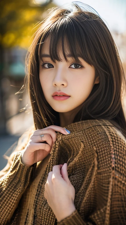 1girl,age30, light brown hair, very long hair, asymmetrical bangs, floating hair, mole under eye, longeyelashes, Surrealism, depth of field, cowboy shot, 35mm, f/16, Canon, super detail, UHD, masterpiece, anatomically correct, textured skin, super detail, high details, high quality, best quality, highres, 16k,((brown poncho style sweater、Give me a sweater、Lifted it himself:1.3))Lace Bra,((midnight)),town alley