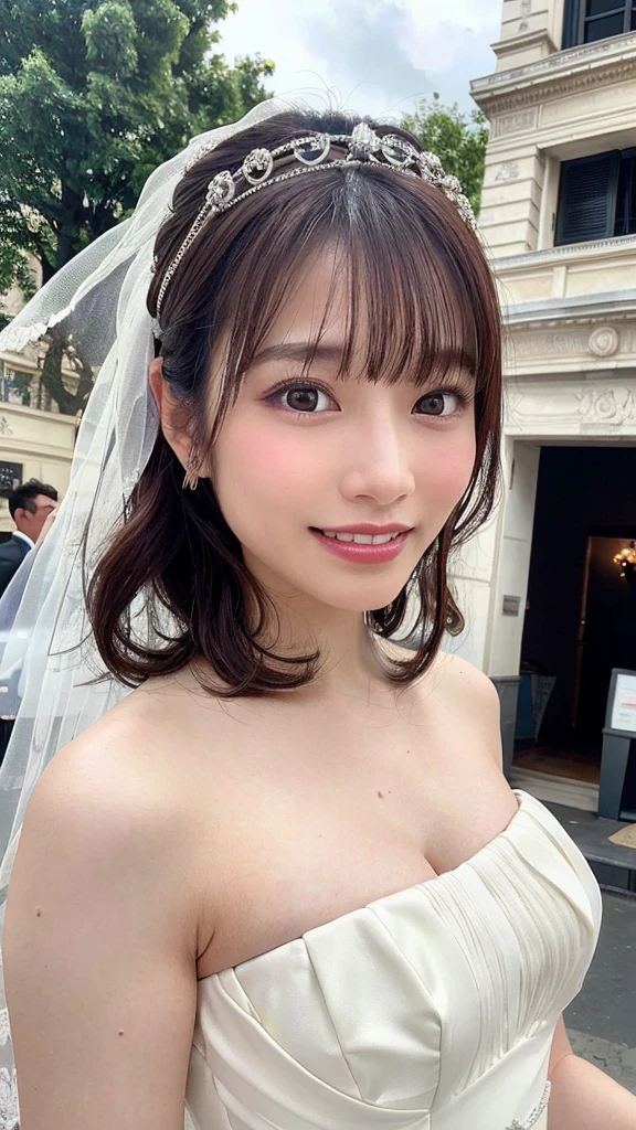 (highest quality,masterpiece:1.3,超A high resolution,),(Ultra-detailed,Caustics),(Photorealistic:1.4,RAW shooting,)Ultra-Realistic Capture,Very detailed,High resolution 16K human skin closeup。 The skin texture is natural、,Pores、It must be detailed enough to be easily identifiable.。 Skin should look healthy and have an even tone。 Use natural light and color,1 girl,Japanese,cute,22 years old,Laughs and Tears,Looking into the camera,Natural brown hair,Half Up,Medium sized ,(tiara,Wedding Veil,Pure white wedding dress:1.35),Holding a bouquet,Stand upright,Looking into the camera,Flooded with light,Front view,View from the front,half body Shot,Low position,Advantageous perspective natural light,(Arc de Triomphe in Paris:1.35),(Droopy eyes, Natural Makeup、Ultra-high definition beauty face:1.25)、(Ultra high resolution perfect beautiful teeth, Mid-chest, Tight waist, smile:1.15)