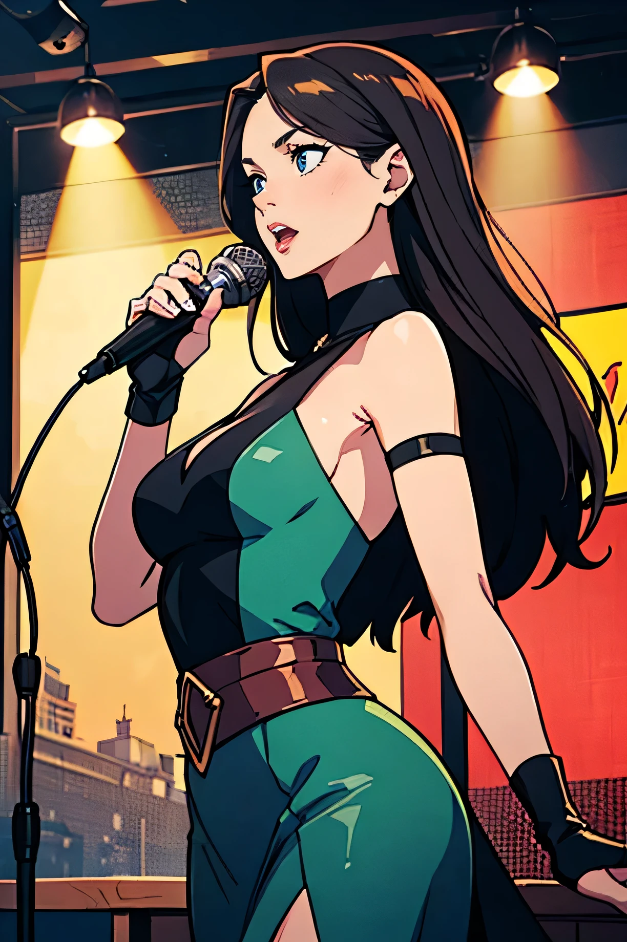 best quality,4k,8K,High resolution,masterpiece:1.2),Extremely detailed,(Practical,photoPractical,photo-Practical:1.37), Vibrant colors, stagespotlight, Vintage microphone, elegant hair, graceful posture, Dynamic atmosphere, Stylish interior, Jazz Age Vibe, enthralling performance, affectionate expression, Animated Jazz Band, rhythm music, passionate Sing, Microphone stand, vibrant crowd, Charming atmosphere, Seamless visual composition, Attractive red light, Dorothea, long hair, Green Eyes, Wearing a light green dress, Long white elbow gloves, Holding an old microphone from the 1920s, Jazz club background, Sing
