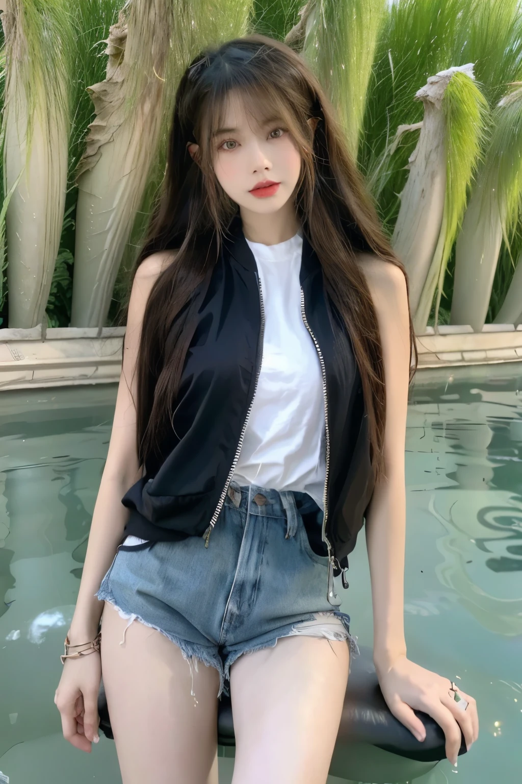 Beautiful woman with perfect body:1.4,Layered Hairstyle,Highly detailed face and skin textures,Double eyelids,Skin Whitening,Long hair,Whitened long legs,(Vest,Short shorts,bracelet),Standing by the sea,Half-length photo