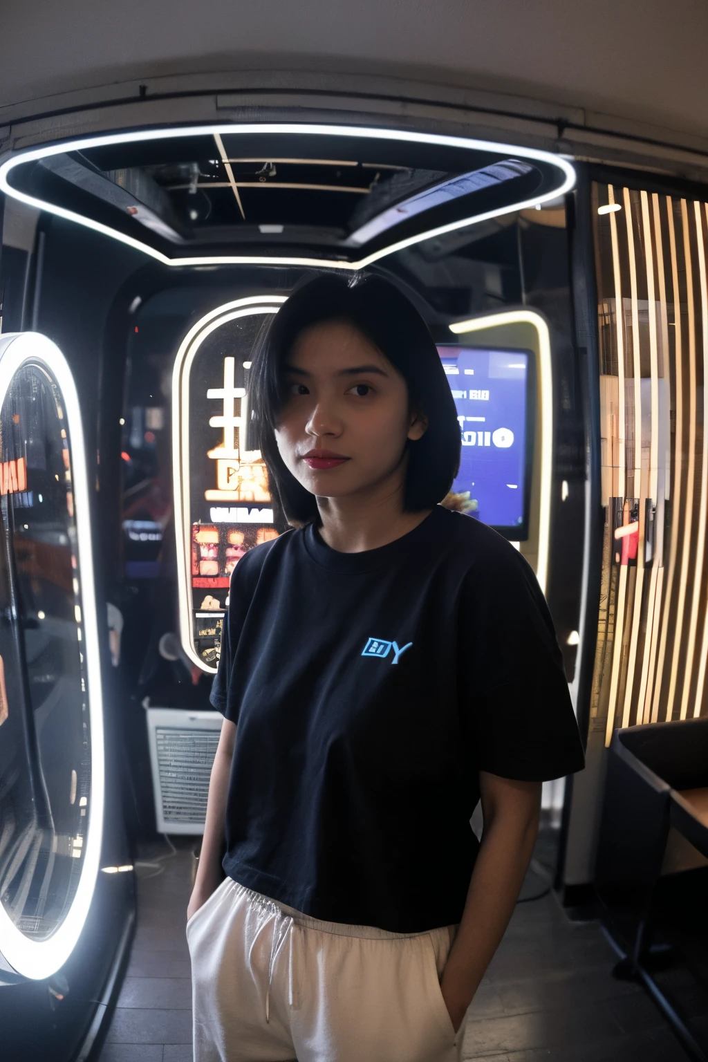 BOY HANDSOME wearing a black shirt with a blue logo on it, photo from a low angle, using a wide lens, fish eye lens camera, sharp gaze at the camera, professional model pose,, red lighting, ULL BODY SHOT, WITH WHITE BACKGROUND AT STUDIO, WITH PURPLE LIGHTING, WEARING BAGGY PANTS, trending on r/streetwear, random pose, cybertech wear, trending on r/techwearclothing, wearing cyberpunk streetwear, HE is wearing streetwear, wearing space techwear, casual black clothing, official, black t shirt, MAN in streetwear