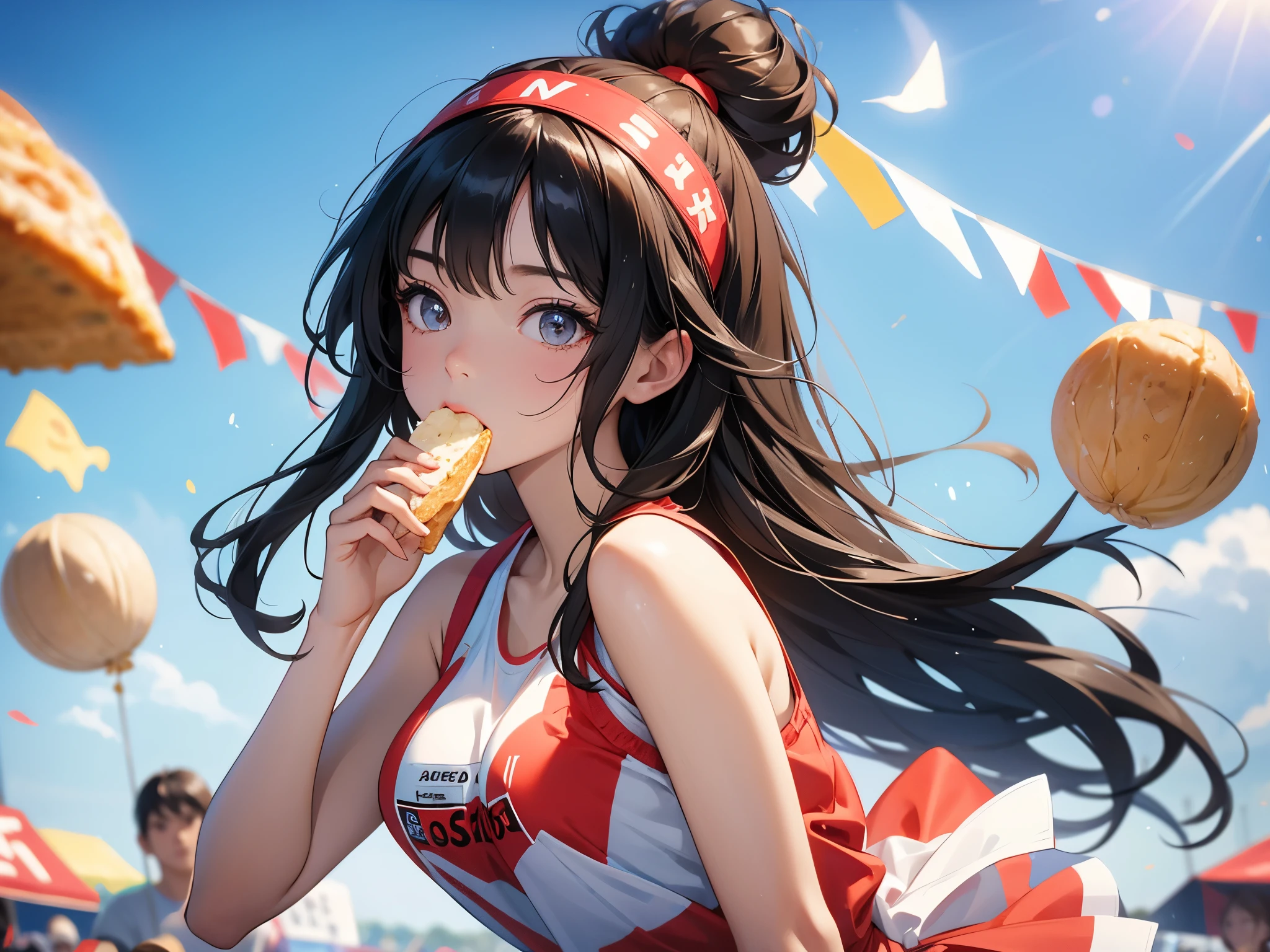cute girl

A young girl with long black hair
Running in a bread-eating contest.

sports festival

wearing a red headband

wearing white gym clothes

Run with melon bread in your mouth while jumping


