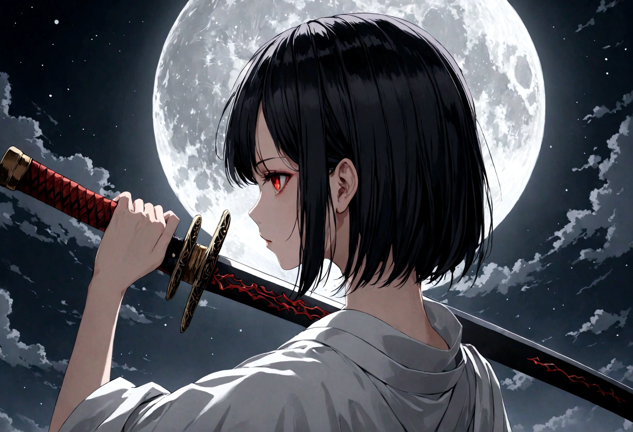 Black Hair Girl、Red eyes、Very delicate and beautiful eyes、Holding the sword with both hands、Girl with blood on her face, Dark fantasy, Horror、Very detailed, White kimono、Perfect hands, Perfect Anatomy,Rear View、profile、（Samurai sword：1.5） ）、Draw your sword、Draw your swordテクニック、moonlight、night、Moonlight from above：1.5