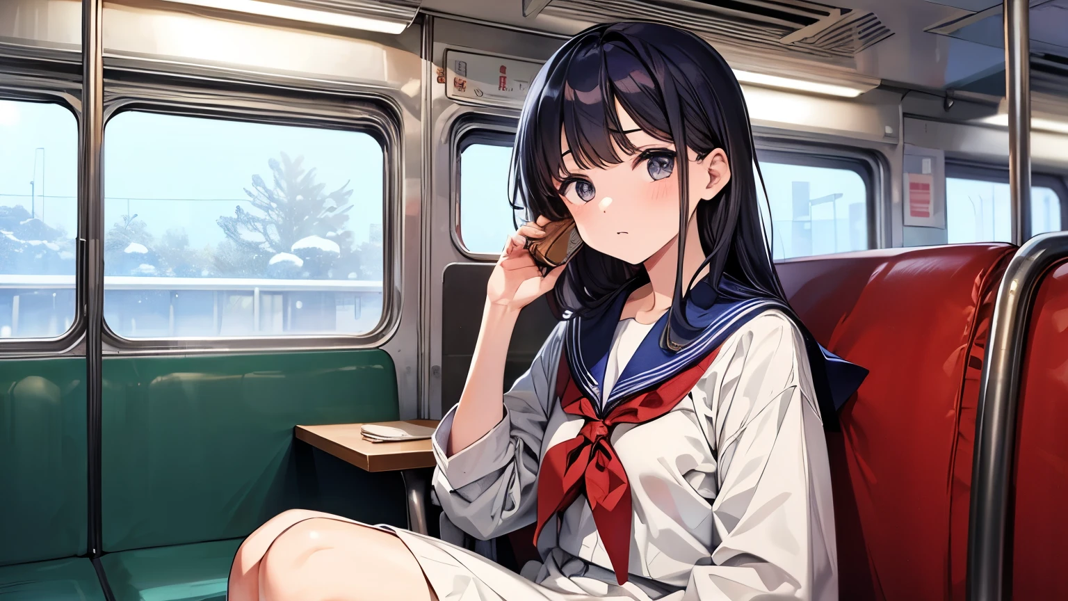 Female students in the early Showa period , Sailor suit,Look at me with cold eyes.、I approached those eyes,Owns a book,I am on a train,Sitting