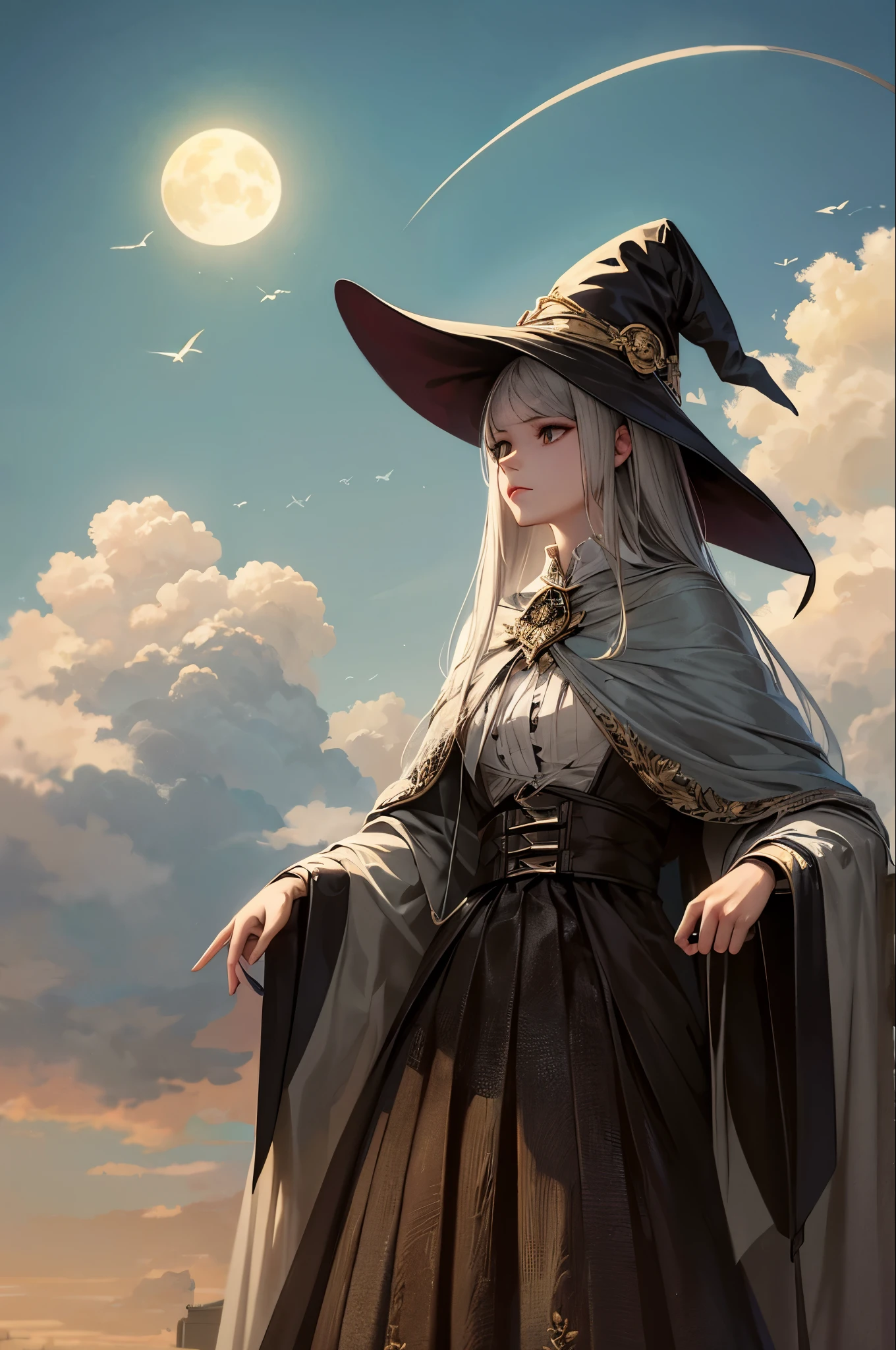 highest quality, Very detailed, masterpiece, Super detailed, cloud, witch_Have, Have, One girl, null, green_null,Day, length_hair, cloudy_null, moon,bird, alone, Silver_hair, witch, Outdoor