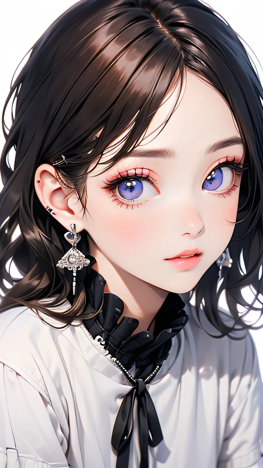(highest quality, masterpiece), One girl, beautiful girl, Brown_eye, ((hair color [Silver hair], [Pixie cut with front hair] hair)), Earrings, lips, Short sleeve,Realistic, Tight waist, Charm, Colorful Makeup, Long eyelashes, Fair skin, (cute), (Detailed face), Detailed eye, Detailed iris, 