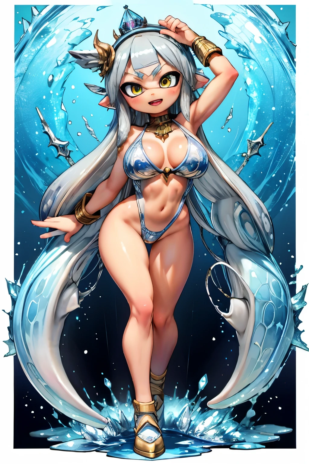 masterpiece、highest quality、High resolution、Real Anime、3D、Splatoon Girl、Become the Silver Dragon Queen, Hand held dragon spearman pose,Metallic blue tentacle hair、Golden Eyes、Beautiful Eyes、Huge breasts, Cleavage、Heavy Mecha Armor, Cleanliness,transparent,transparent, Are standing, transparent,Cleanliness, (Muscular:1.4), (Bare chest:1.9),Exposes most of the pectoral and abdominal muscles,Thin legs,(race:1.9),(Wear only light threads)、blush、Open Mouth Smile、