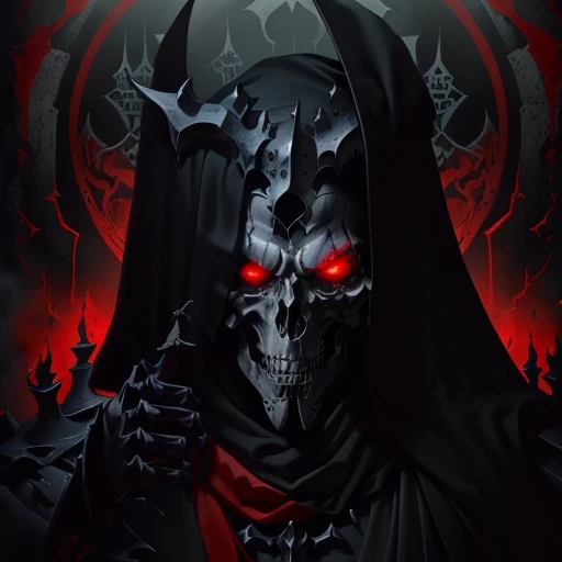 arafed skeleton with a black robe and a red scarf, scary detailed art in color, detailed 4k horror artwork, the king of death, beautiful male god of death, horror!! highly detailed, macabre poster art, portrait of the god of death, god of death, highly detailed dark art, the grim reaper, elegant horror artwork