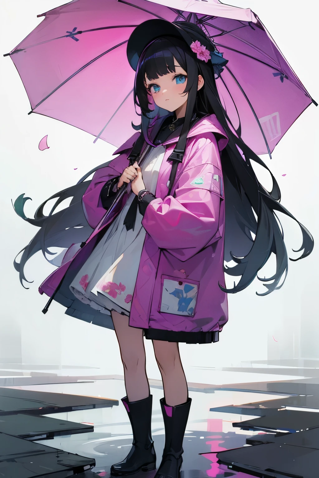 (masterpiece, best quality:1.6), cute eyes, ultra detailed face, raw photo, incredibly absurdres, highres, sharp focus, highest detailed,
BREAK 1girl, long hair, black hair, straight hair, blunt bangs, blue eyes,
BREAK The ensemble features a playful and cute design, ideal for enjoying even the dreariest weather,BREAK,The raincoat is made from a waterproof material in a bright, cheerful color like pink or light purple, echoing the vibrant hues of azaleas,BREAK,The coat is decorated with azalea flower patterns, adding a floral and cheerful touch, Accompanying the raincoat might be matching rain boots and a waterproof hat, both also adorned with azalea motifs,BREAK, Accessories could include a clear or color-coordinated umbrella with similar floral decorations