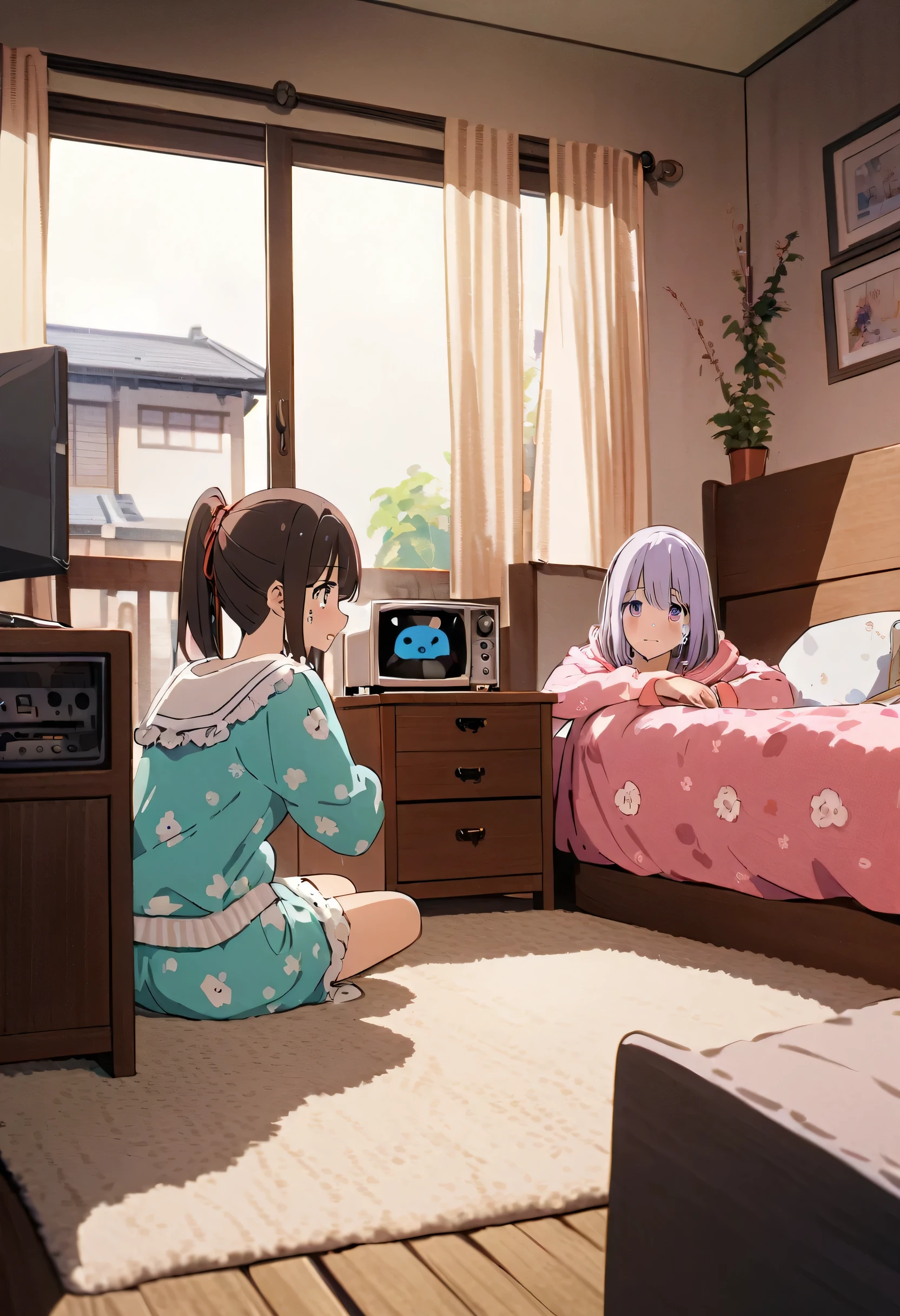 An absurd solution, High resolution, (masterpiece: 1.4), Very detailed, (((Detailed face, Detailed Expression)), Two Girls, Girl and Girl, friend, best friend, Classmate, relax, ponytail, Bob, sitting on bed, Sitting on the floor, Two people having a conversation, Room Background, friend, Relatives and friends, Home, 1K, Small room, curtain, bed, tv set, machine, Loungewear, Kyoto Animation, Kyoto Animation atmosphere, (Tears in my eyes)