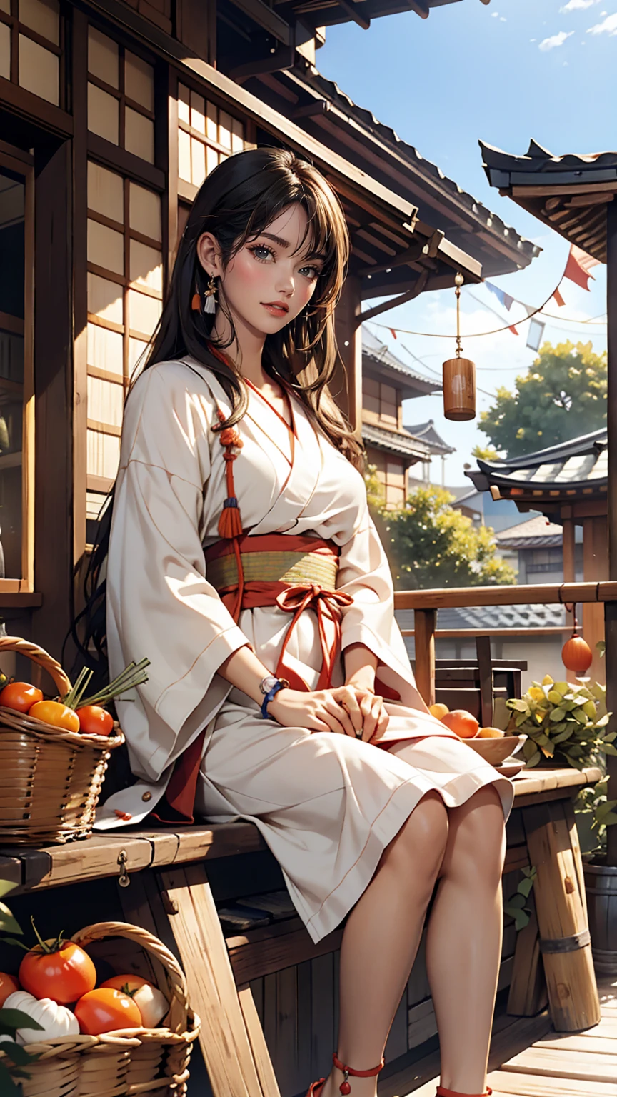 ((最high quality, 8k, masterpiece: 1.3, Ultra HD, high quality, 最high quality, High resolution, realism)) 、A stunningly beautiful 22-year-old Japanese woman、Hair color is black、black eye、Medium Hair、Straight hair、smile、thin、Wear accessories on your wrist、Wearing red nail polish、Get a pedicure、Sitting on the balcony of a rural Japanese house、summer、Wind chimes are hanging from the eaves.、barefoot、On the balcony there is a basket full of tomatoes and carrots...、The basket is made from woven bamboo strips..、There is a courtyard in front of the balcony.、There is a well with a hand pump in the courtyard..、smile