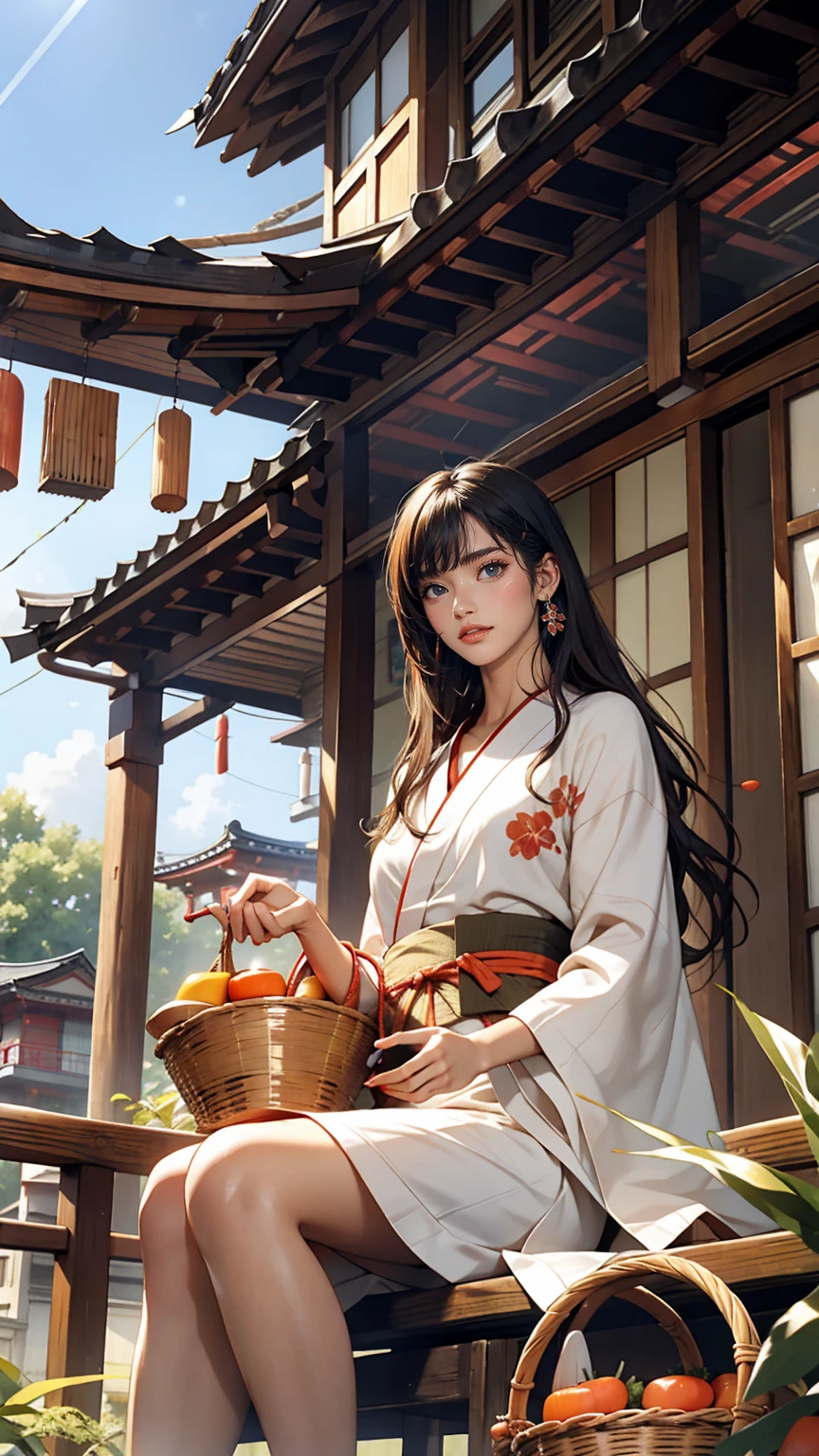 ((最high quality, 8k, masterpiece: 1.3, Ultra HD, high quality, 最high quality, High resolution, realism)) 、A stunningly beautiful 22-year-old Japanese woman、Hair color is black、black eye、Medium Hair、Straight hair、smile、thin、Wear accessories on your wrist、Wearing red nail polish、Get a pedicure、Sitting on the balcony of a rural Japanese house、summer、Wind chimes are hanging from the eaves.、barefoot、On the balcony there is a basket full of tomatoes and carrots...、The basket is made from woven bamboo strips..、There is a courtyard in front of the balcony.、There is a well with a hand pump in the courtyard..、smile