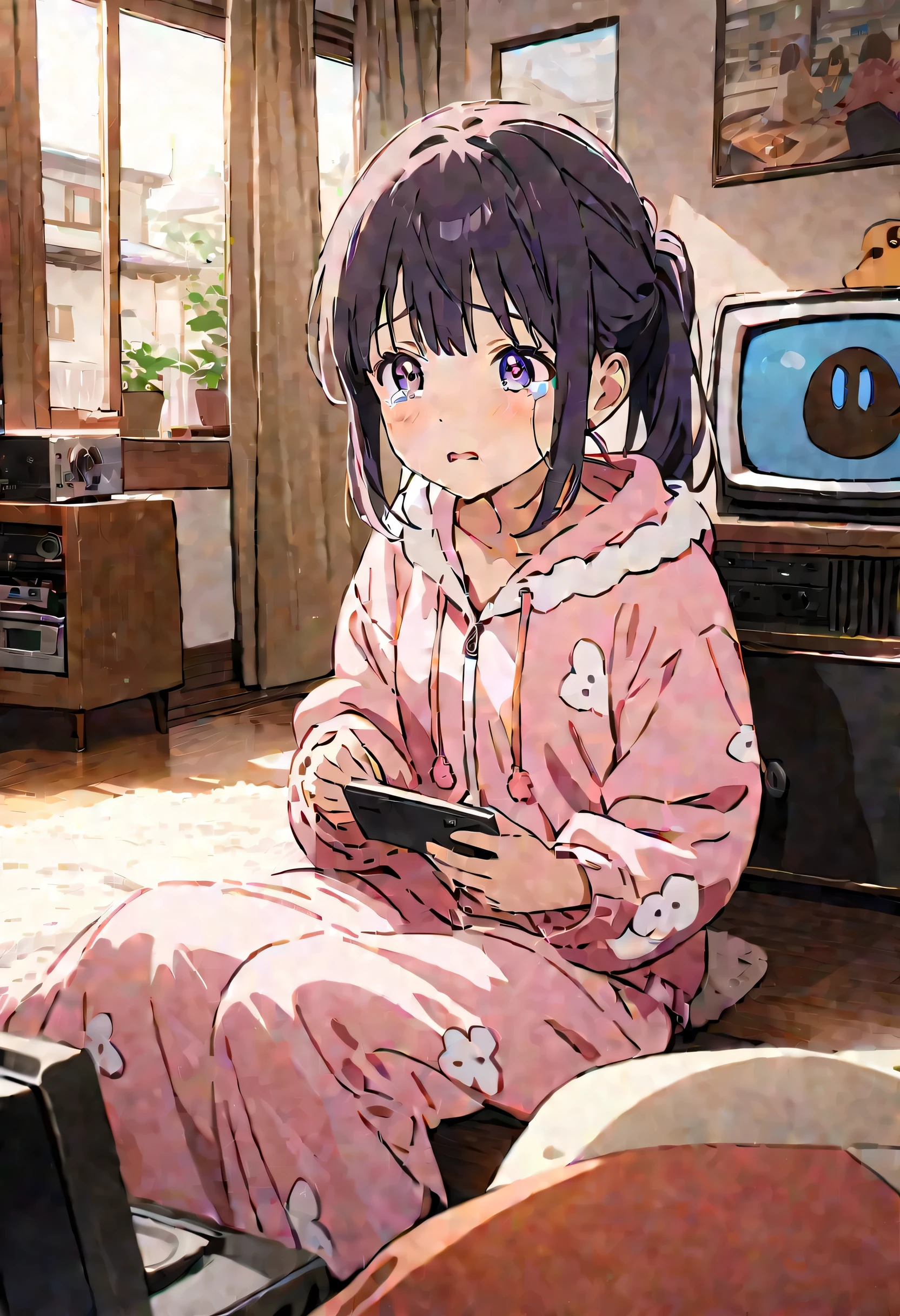 An absurd solution, High resolution, (masterpiece: 1.4), Very detailed, (((Detailed face, Detailed Expression)), Two Girls, Girl and Girl, friend, best friend, Classmate, relax, ponytail, Bob, sitting on bed, Sitting on the floor, Two people having a conversation, Room Background, friend, Relatives and friends, Home, 1K, Small room, curtain, bed, tv set, machine, Loungewear, Kyoto Animation, Kyoto Animation atmosphere, (Tears in my eyes)