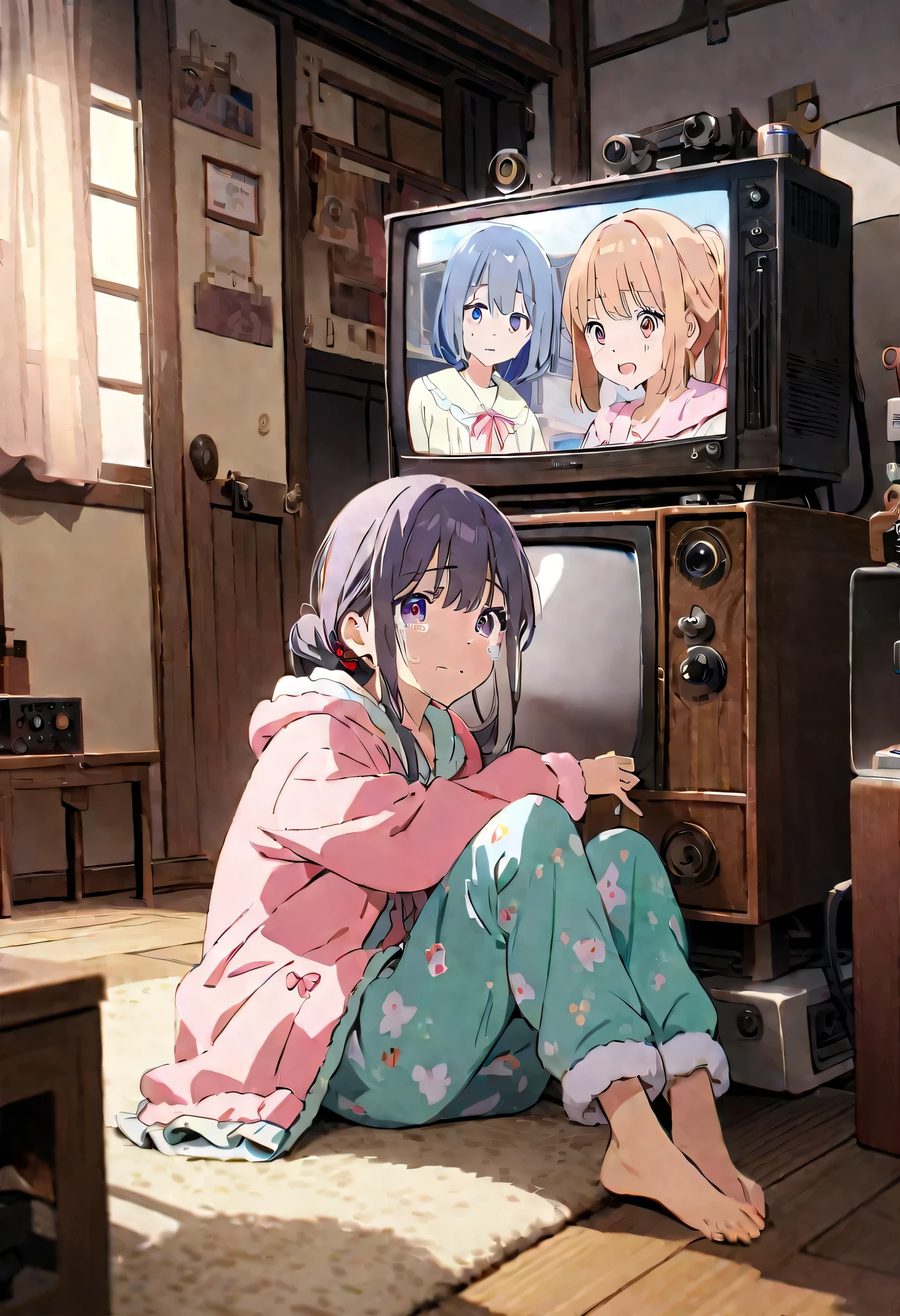 An absurd solution, High resolution, (masterpiece: 1.4), Very detailed, (((Detailed face, Detailed Expression)), Two Girls, Girl and Girl, friend, best friend, Classmate, relax, ponytail, Bob, sitting on bed, Sitting on the floor, Two people having a conversation, Room Background, friend, Relatives and friends, Home, 1K, Small room, curtain, bed, tv set, machine, Loungewear, Kyoto Animation, Kyoto Animation atmosphere, (Tears in my eyes)