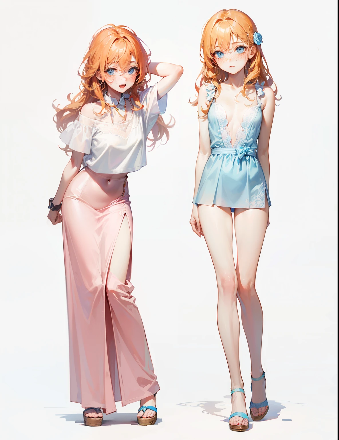 Dynamic posing, dynamic angle, Arrange pose,Top quality work,Show Legs,sexy, ((wavy hair, pale skin, long light ginger hair),((light blue eyes)), freckles, 16 years old, Rose cheeks, Pretty cute Face, A perfectly proportioned face,full-body view, amazing, small round chest、Beautiful eye details、Beautiful eyelashes、beautiful double eyelid, with blush cheeks,