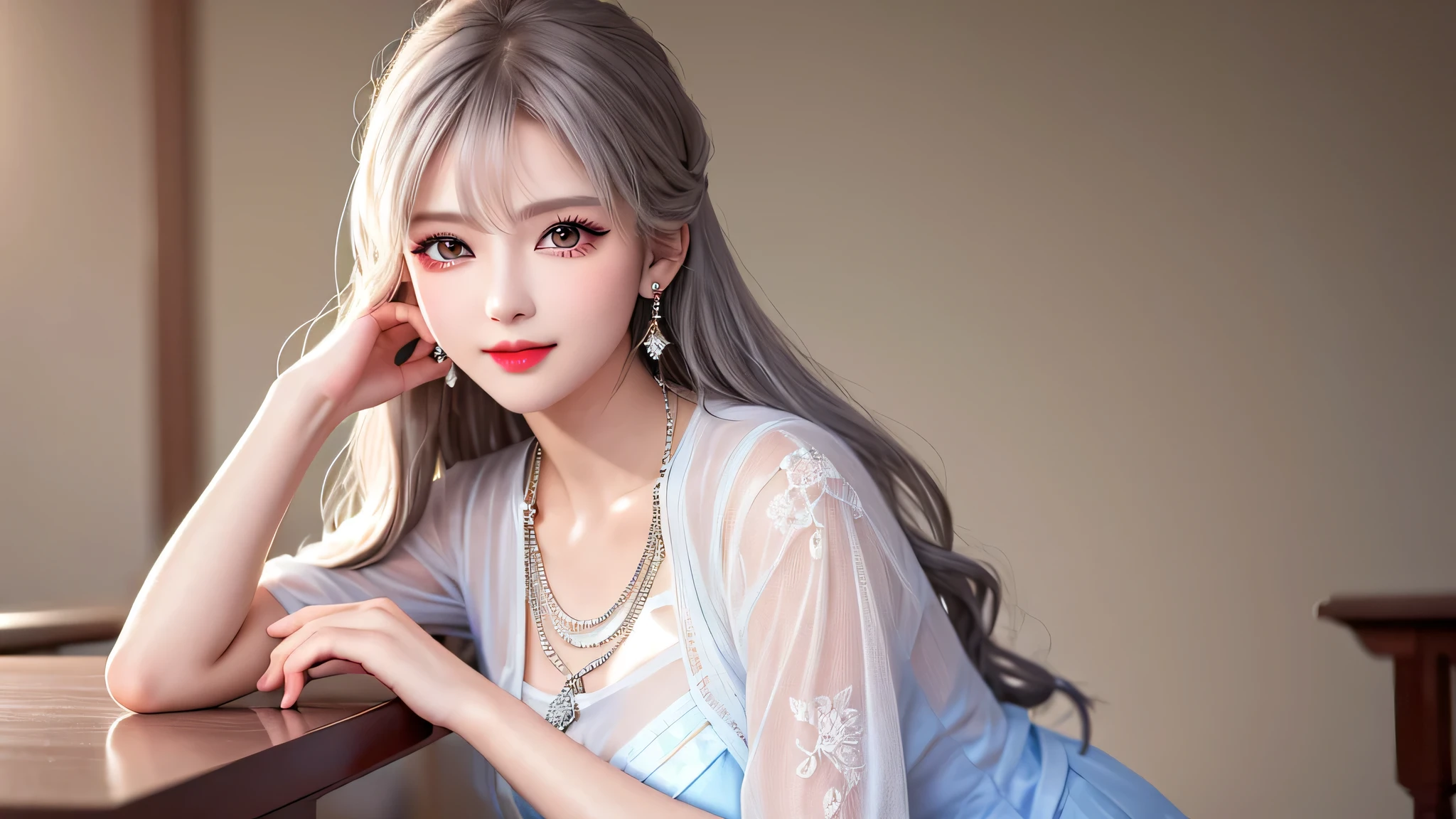 Female teacher crossing legs on classroom chair v6, necklace, earrings, full body v6, long gray hair, translucent clothes, visible, superb, ultra high definition, RAW photo, realism 1.25), (bright lip gloss, long eyelashes, smooth) face, bright skin, natural shadows, wide light, wide light, depth of field, strong color, subtle caustics: 0.8), smile, (big), v6