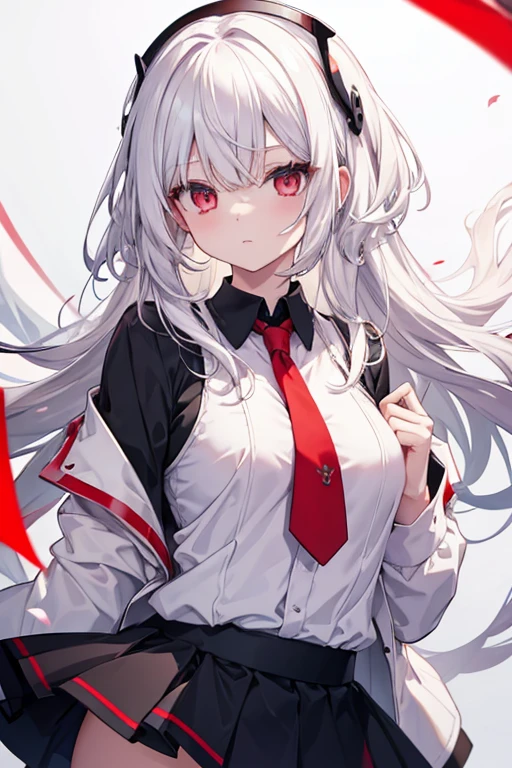White-haired and red-eyed girl,big chest Mini black skirt, white shirt 