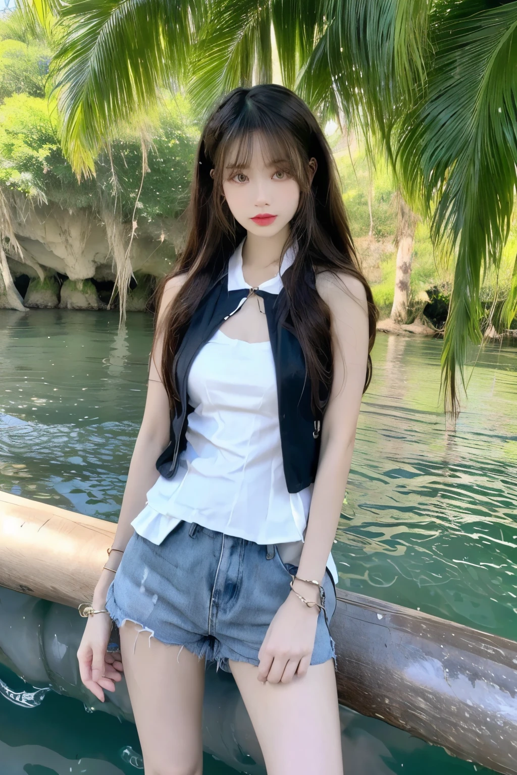 Beautiful woman with perfect body:1.4,Layered Hairstyle,Highly detailed face and skin textures,Double eyelids,Skin Whitening,Long hair,Whitened long legs,(Vest,Short shorts,bracelet),Standing by the sea,Half-length photo