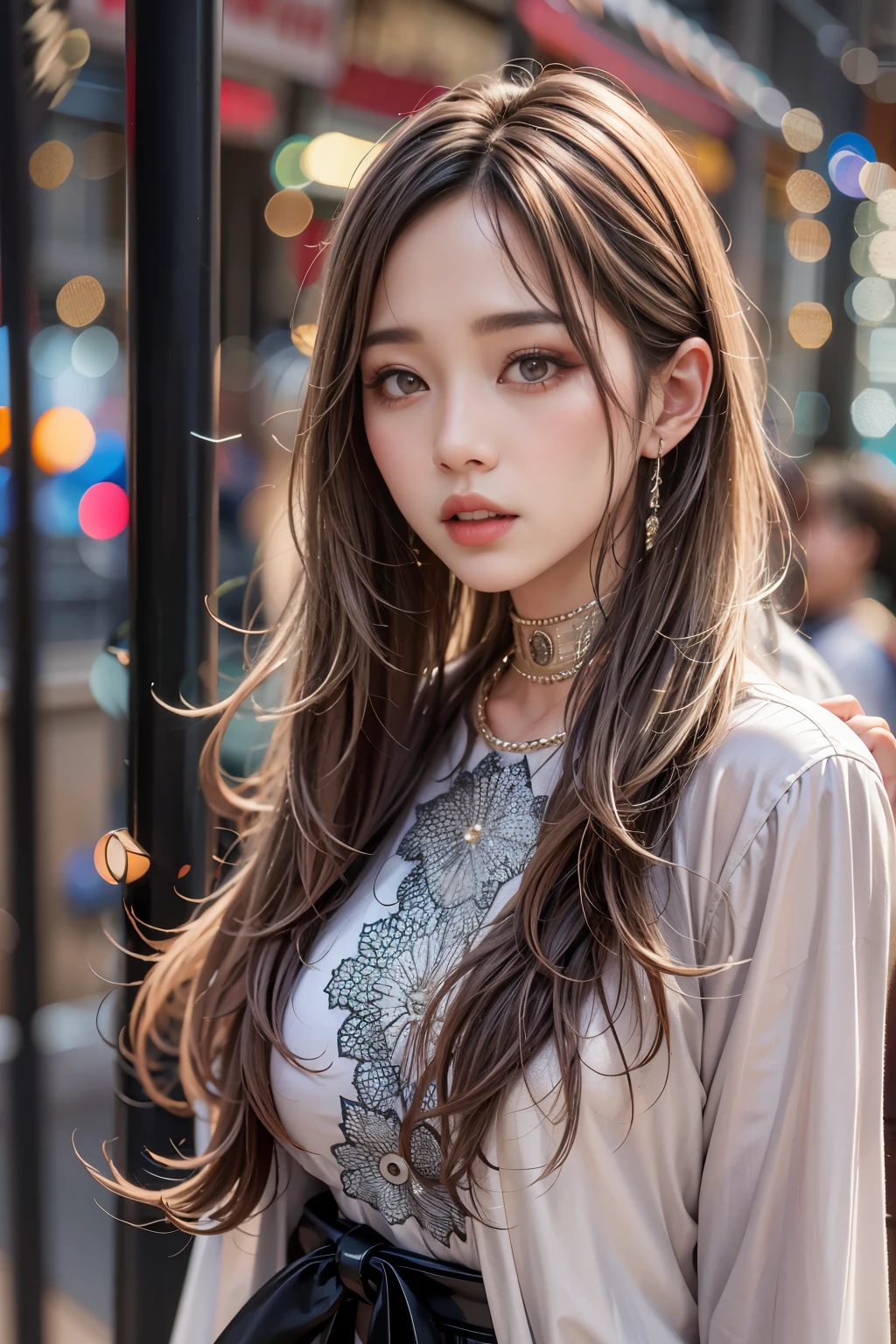 Realistic photos (one cute korean K-POP star) Straight long hair, light makeup, huge firm bouncing bust, Long dress, close, Canon EOS 8K high resolution captures facial features clearly, Sharp details, Realistically, street live ,