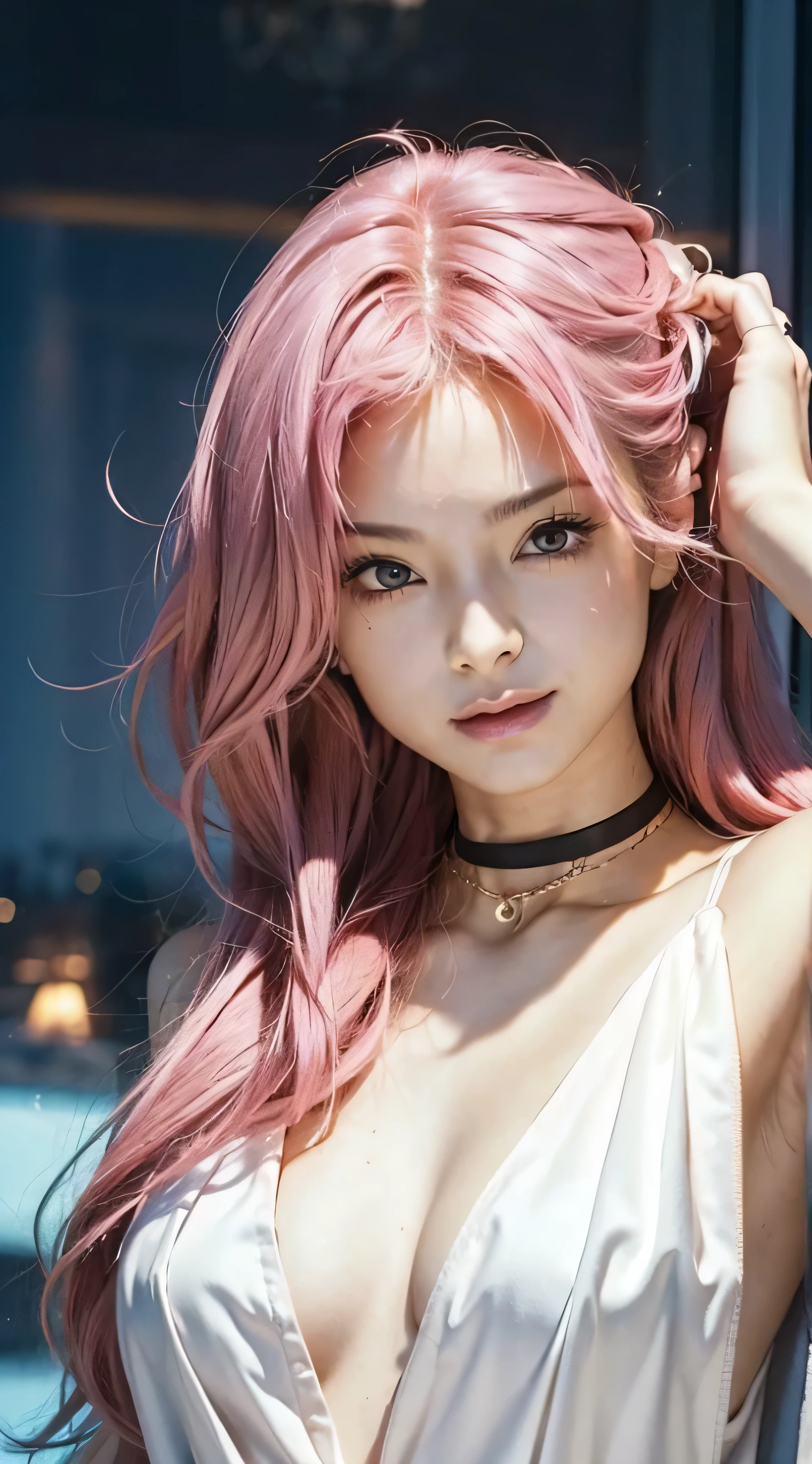 1girll,（Captivating quality：1.4），（True textured skins of the highest quality), Delicate face,Pink twin-tailed hair, Gradient Hair, （perfect bodies：1.1），Heart-shaped choker、long eyelasher,grin, hyperphotorealism, Cinematic lighting, projected inset, surrealism, hyper HD, masutepiece，Dream On，Please wear clear silk pajamas,Carmelto，tattooed，Fantasy space，Luxurious space