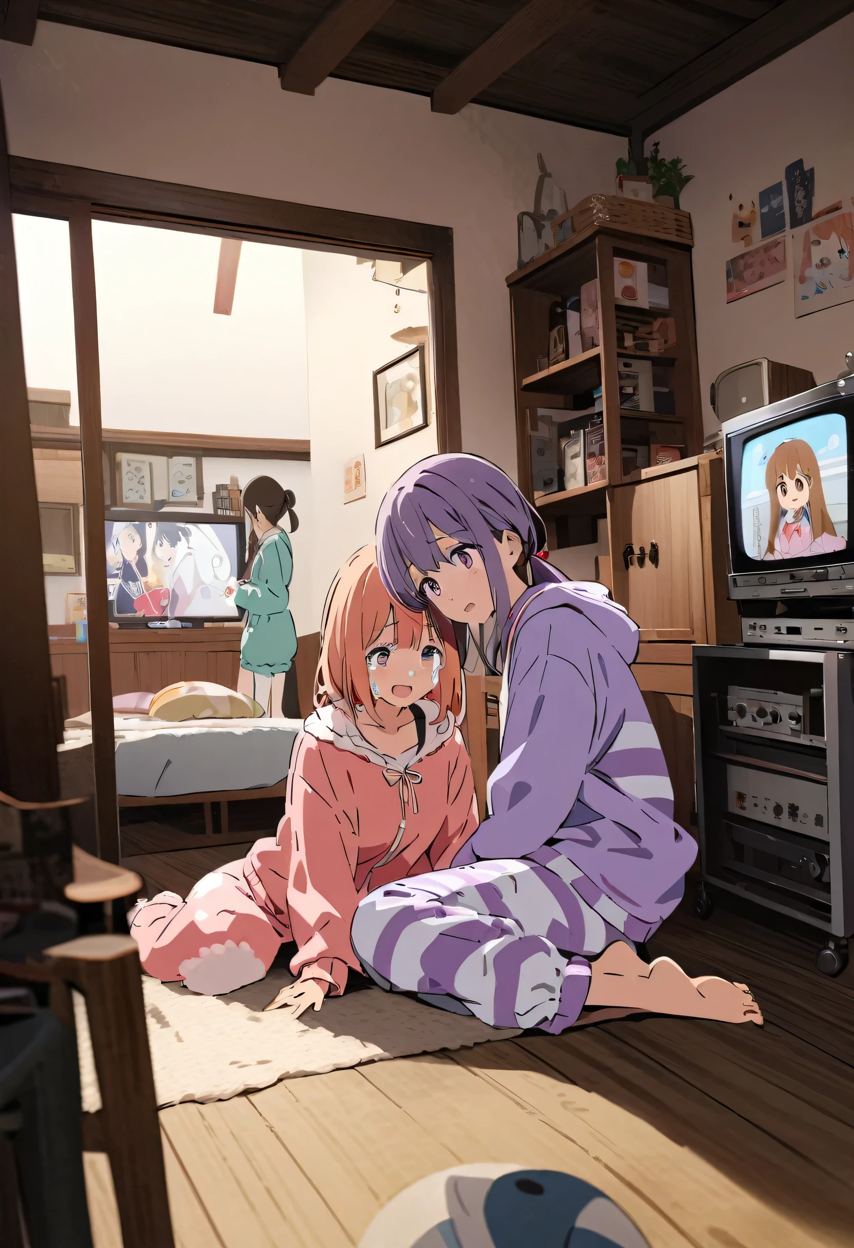 An absurd solution, High resolution, (masterpiece: 1.4), Very detailed, (((Detailed face, Detailed Expression)), Two Girls, Girl and Girl, friend, best friend, Classmate, relax, ponytail, Bob, sitting on bed, Sitting on the floor, Two people having a conversation, Room Background, friend, Relatives and friends, Home, 1K, Small room, curtain, bed, tv set, machine, Loungewear, Kyoto Animation, Kyoto Animation atmosphere, (Tears in my eyes)