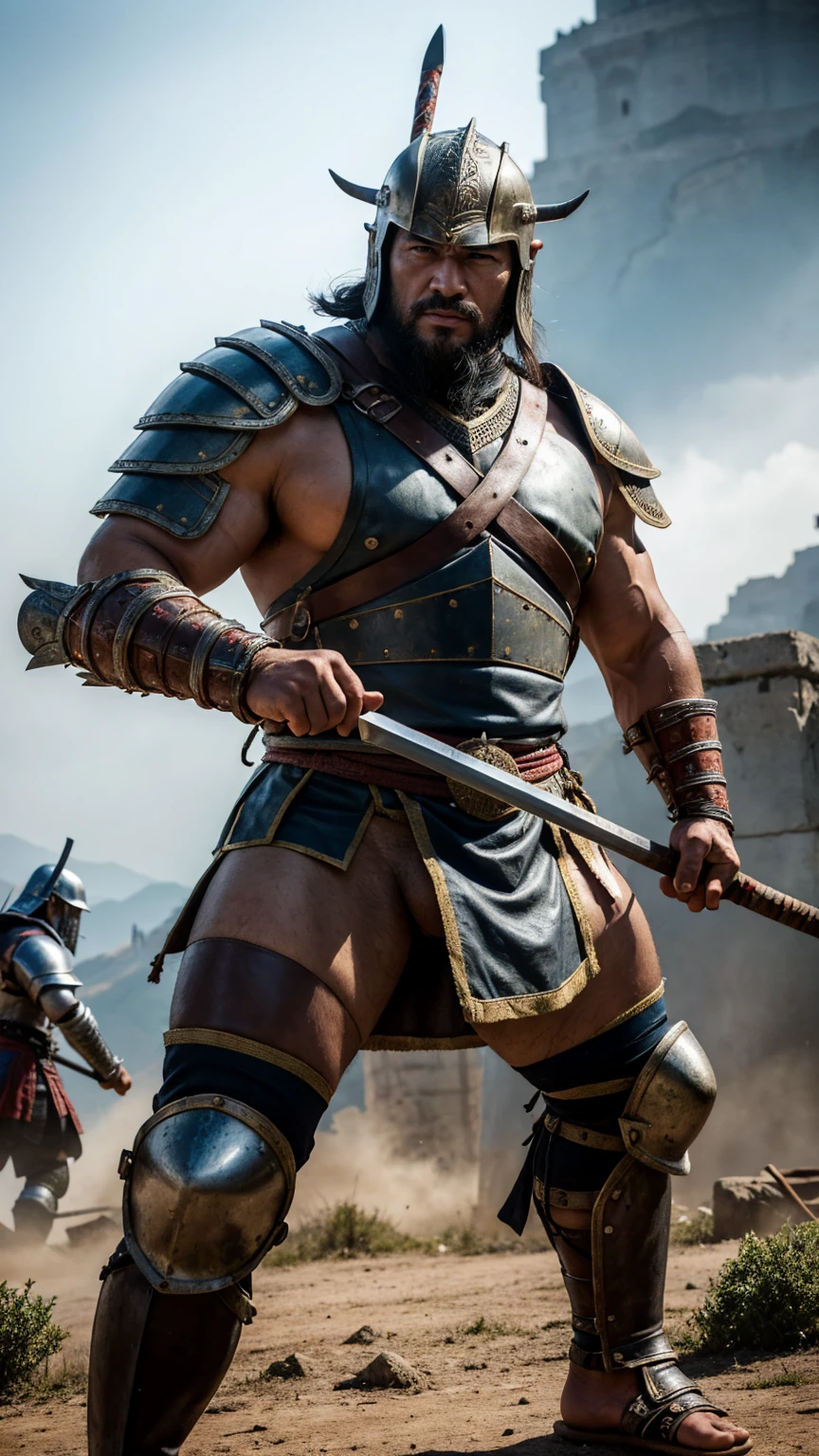 looking at me, face focus, a fat gentle barbarian, mid combat, He is a Japanese barbarian, intense battle scene, fierce, battleground background, leather armor, viking helmet, armored short skirt, holding a double edged ancient legendary axe, legs exposed from thighs to feet, Standout features include a prominent nose and thick eyebrows, masterpiece, volumetric lighting, Dramatic, Uighur the Warden, ((ultra sharp)), ((masterpiece)), ((best quality)), ((ultra detailed)), ((intricate details)), Inguinal region detailed, Dilapidated,