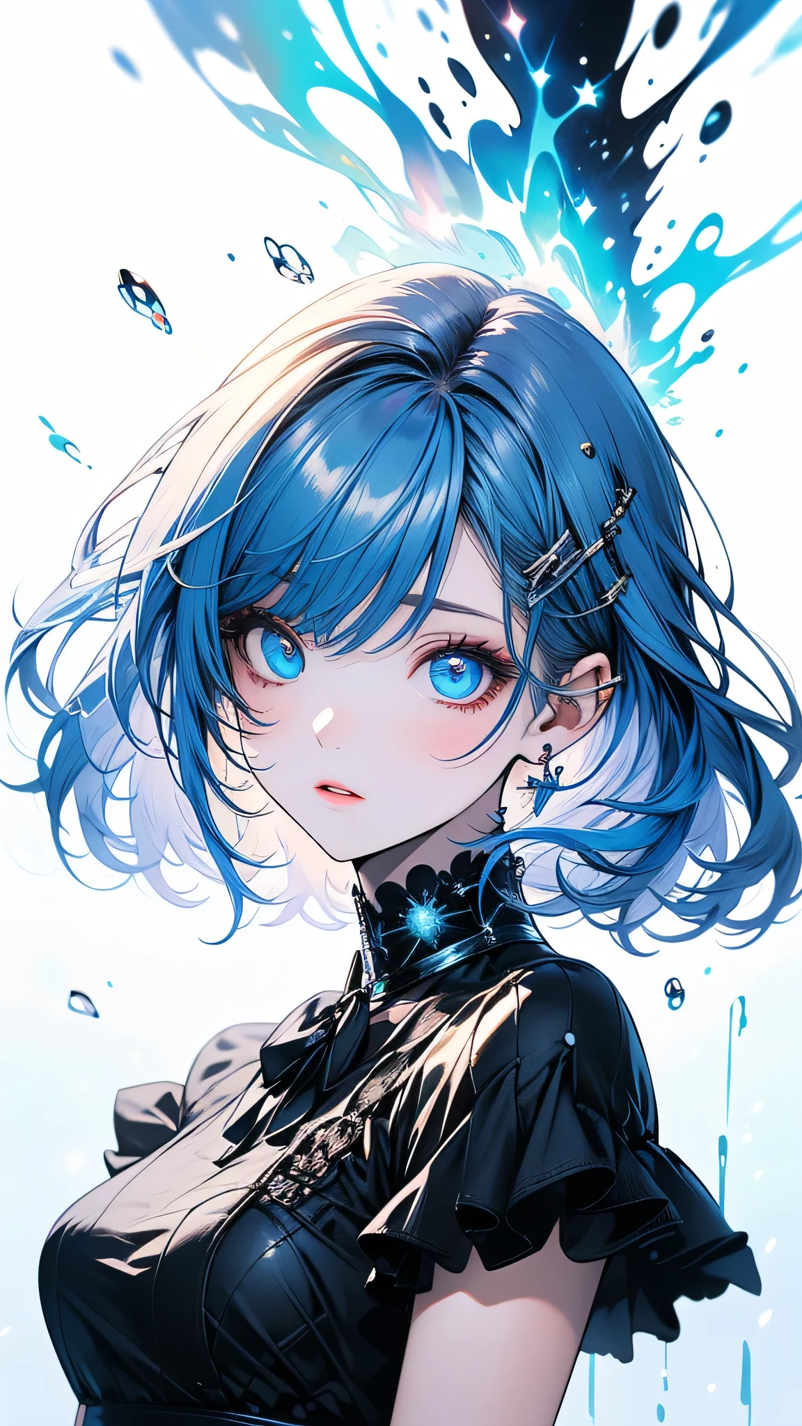 ((masterpiece)), (highest quality), (detailed), (One girl), (Internal Data Stream) Light blue gradient hair, Glowing blue eyes, Straight hair, Wearing a modern white shirt and black dress, Covered in data particles, Locked around the neck