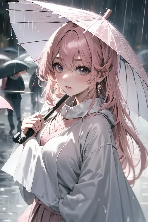 1girl,solo,cute,pink hair,hold a umbrella,paper umbrella,rainy,in town
