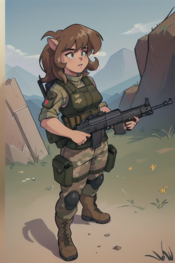 a cartoon girl with a rifle, brown hair, purple sweater, bulletproof vest, camouflage pants, military boots, female mercenary fursona, highly detailed, digital art, fantasy, cinematic lighting, dramatic pose, action scene, gritty texture, muted color palette, realistic shading, masterpiece, (best quality,4k,8k,highres,masterpiece:1.2),ultra-detailed,(realistic,photorealistic,photo-realistic:1.37)