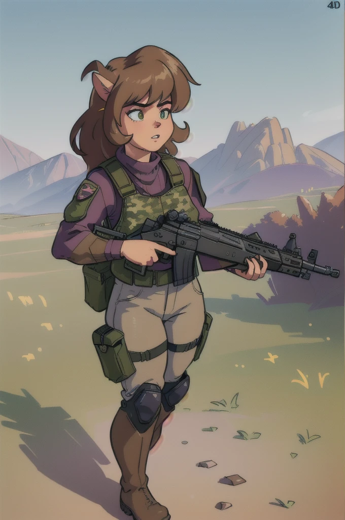 a cartoon girl with a rifle, brown hair, purple sweater, bulletproof vest, camouflage pants, military boots, female mercenary fursona, highly detailed, digital art, fantasy, cinematic lighting, dramatic pose, action scene, gritty texture, muted color palette, realistic shading, masterpiece, (best quality,4k,8k,highres,masterpiece:1.2),ultra-detailed,(realistic,photorealistic,photo-realistic:1.37)