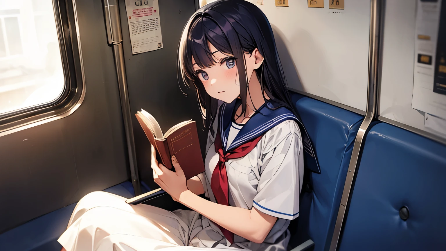Female students in the early Showa period , Sailor suit,Look at me with cold eyes.、I approached those eyes,Owns a book,I am on a train,Sitting