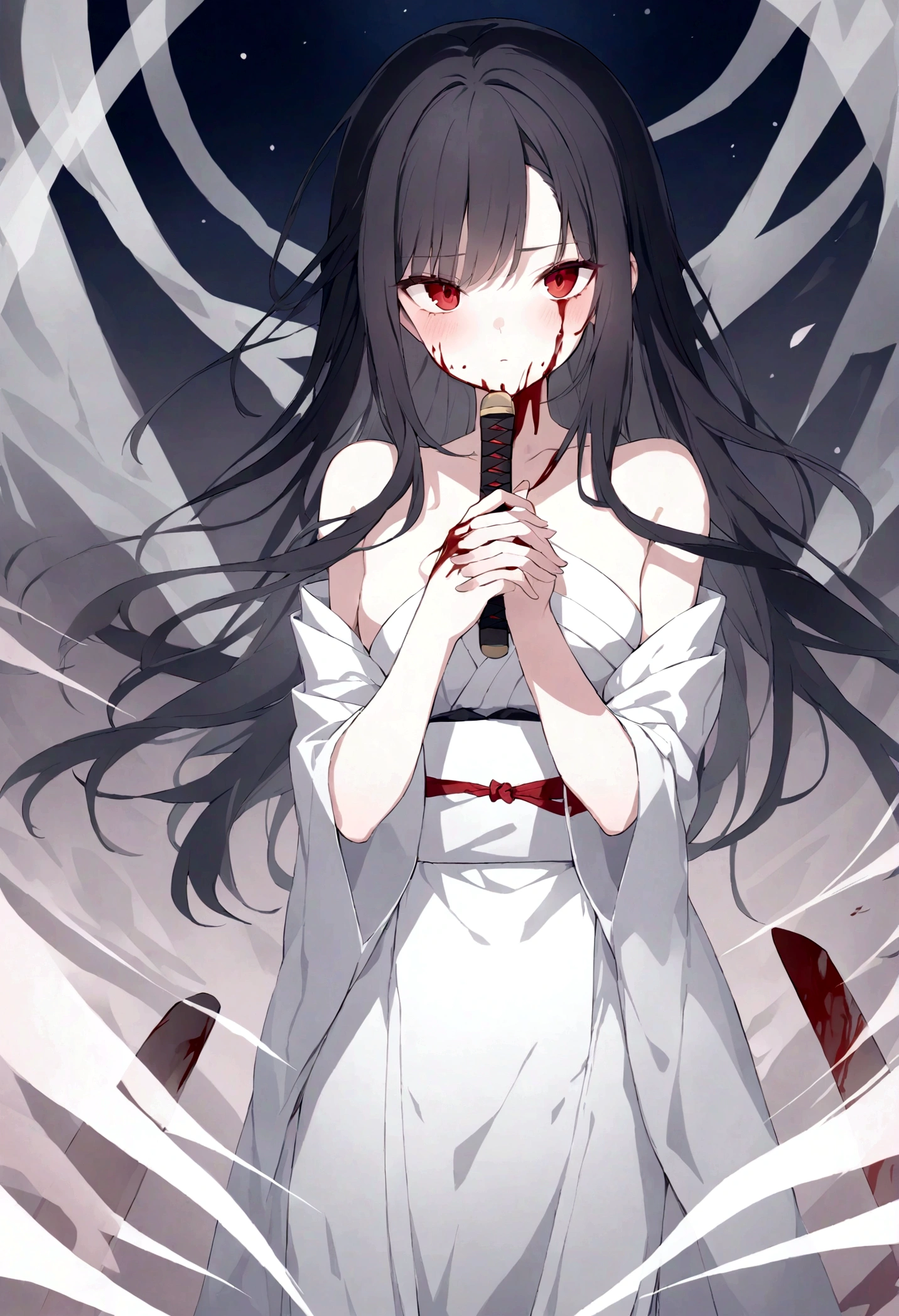 Character design, female, long black hair, White strands of hair, wearing a short white lace dress with spaghetti straps, red eyes, small frame, very skinny, detailed, best quality, no accesoires around the neck, prominent collarbones, skinny arms, flat stomach, full body