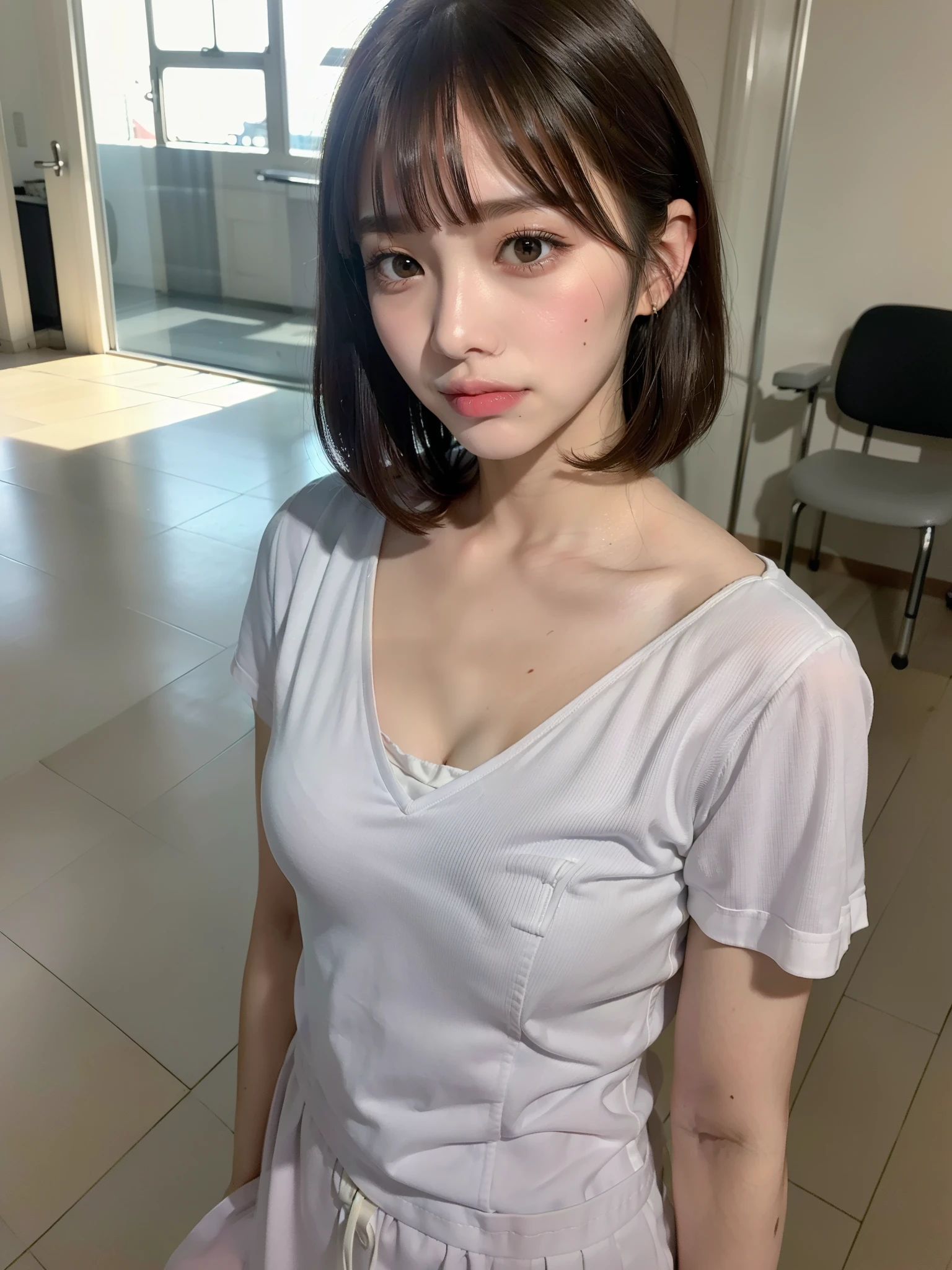 ((Best of the highest quality, 8k, Masterpiece: 1.3, raw photo)), Sharp focus: 1.2, (1 AESPA, slim body type female, 21 y/o: 1.1), (Solo: 1.2), (realistic, photo-realistic:1.37), face focus, cute face, finely eyes, (droopy eyes: 1.32), (Emphasize prominent aegyo-sal with bright: 1.2), shimmering eyeshadow applied under the lower lash line, paired with thick, (small breasts, flat chest, Thigh: 1.3), (short messy hair, bangs: 1.28), (low cut nurse uniform: 1.32), walking hospital terrace, sun light, flower,