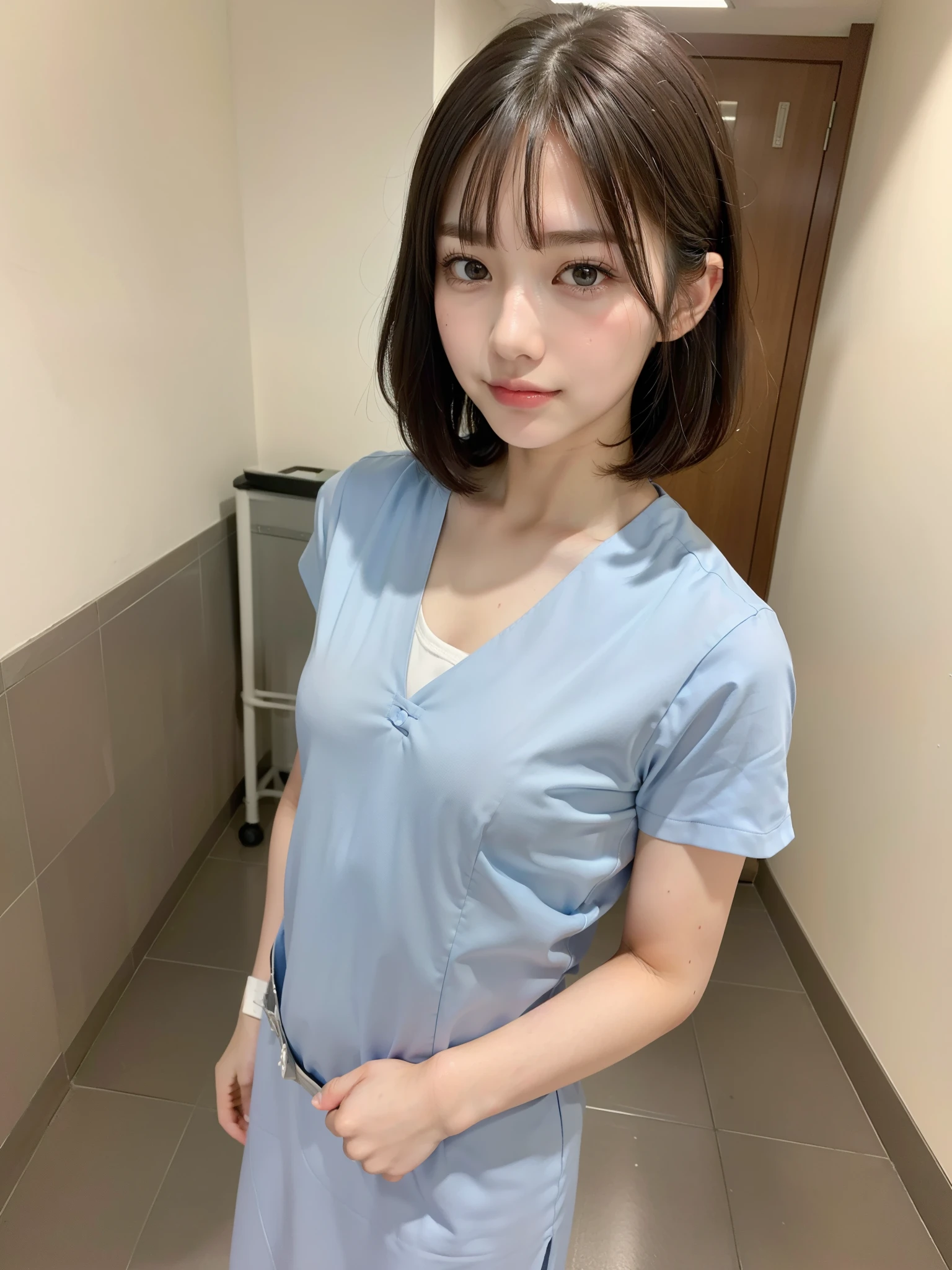 ((Best of the highest quality, 8k, Masterpiece: 1.3, raw photo)), Sharp focus: 1.2, (1 AESPA, slim body type female, 21 y/o: 1.1), (Solo: 1.2), (realistic, photo-realistic:1.37), face focus, cute face, finely eyes, (droopy eyes: 1.32), (Emphasize prominent aegyo-sal with bright: 1.2), shimmering eyeshadow applied under the lower lash line, paired with thick, (small breasts, flat chest, Thigh: 1.3), (short messy hair, bangs: 1.28), (low cut nurse uniform: 1.32), walking hospital terrace, sun light, flower,