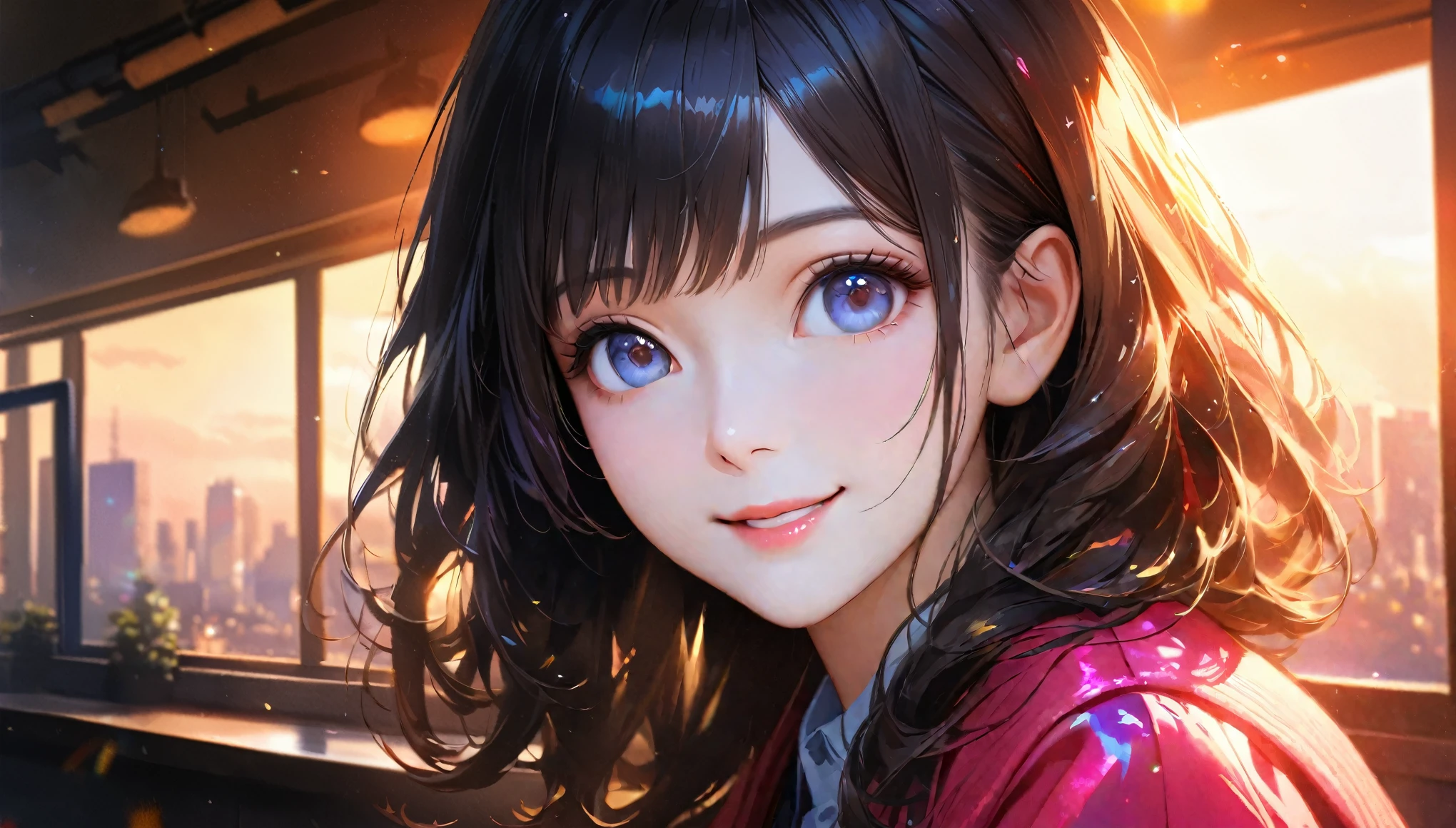 Downtown Tokyo, Sunny sky with fluffy white clouds, Building district, Blur the background,A high school girl with short black hair, Wearing a high ,smile,Glitter effect,highest quality, 4K, 8k, High resolution, masterpiece:1.2, Very detailed, Realistic:1.37, High resolution, 超High resolution, Studio Lighting, Ultra-fine painting, Sharp focus, Physically Based Rendering, Very detailedな説明, Professional, Vibrant colors, Portraiture, landscape, photograph. Blue dominates the color palette