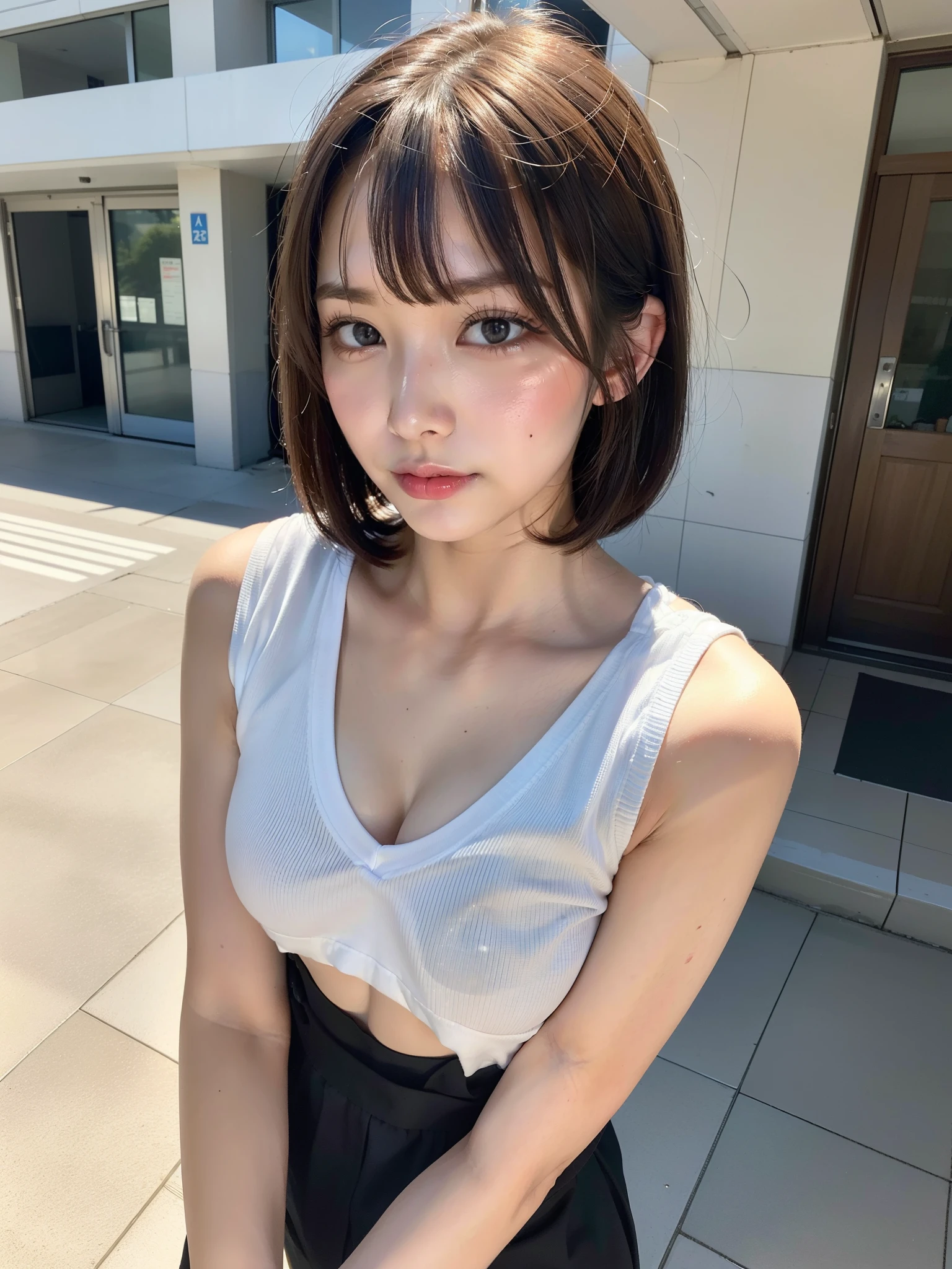 ((Best of the highest quality, 8k, Masterpiece: 1.3, raw photo)), Sharp focus: 1.2, (1 AESPA, slim body type female, 21 y/o: 1.1), (Solo: 1.2), (realistic, photo-realistic:1.37), face focus, cute face, finely eyes, (droopy eyes: 1.32), (Emphasize prominent aegyo-sal with bright: 1.2), shimmering eyeshadow applied under the lower lash line, paired with thick, (small breasts, flat chest, Thigh: 1.3), (short messy hair, bangs: 1.28), (low cut nurse uniform: 1.32), walking hospital terrace, sun light, flower,