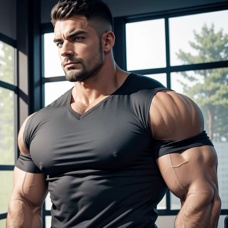 a very handsome, massively muscular man, with massively large muscles, with massively large biceps, with massively large arms, wearing a simple gray sweatshirt with long sleeves