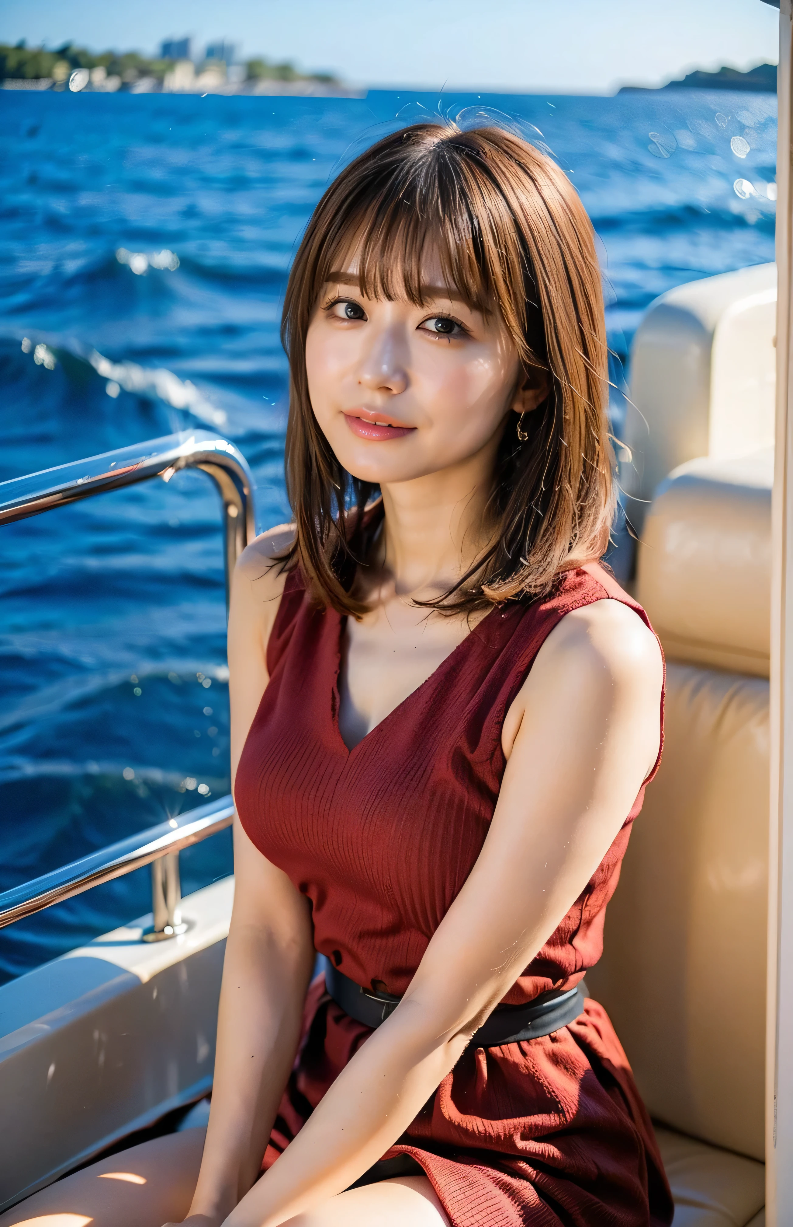 The sky turns red、Woman standing on a boat、Light brown hair、Elegant hairstyle、Blue Eyed Woman、A woman with a cute upward gaze、When the sky gets dark、The gentle light of the ship shines、The sky turns red as the sun sets、Tight clothing that shows your body lines、、Elegant navy blue summer knit、Elegant black summer sweater、belt、Short skirt、Dress elegantly着こなす、Luxury Bagedium Short Hair:1.4））、Skyscrapers seen across the sea、Manhattan 私sland is visible offshore、Woman on a sightseeing boat、、The sun shines on her、Light brown hair、Light brown hair、The sky was dyed red、There are clouds、private's cute、An elegantly dressed woman is sitting on a boat and watching the sunset、Her ample breasts are obvious even through her clothes..、The shining sun is so beautiful、Dusk is approaching、Lens flare、You can see the sunset、（（Sunlight reflecting off the ocean、Ocean View、The sun shines on the ocean、&#39;beautiful.、Small earrings、private&#39;evening、Birds are also flying、、Brown Hair Color、Tying up hair、The woman is on the right:1.4））、High-quality leather belt、Shiny clothes、Light beige hair color、Background Blur、Braid only the front hair、Light brown hair、｛｛Cowgirl Shot｝｝、（（Close-up shot from the waist up、Ample breasts:1.4））、Smile、Silk clothing、Ample breasts that can be seen even through clothes、Braid only the front hair、Cowboy Shot、Gorgeous white collared silk shirt and brown skirt、Dress elegantly、Luxury Bags、A lovely smile、（（Ample breasts））、Full body photo、ring、Short skirt、Tuck your hair behind one ear、Silver Necklace、smile、 Elegant ponytail、Caustics、Highly detailed photos、Very beautiful and ideal short hair、Super no makeup、(8k、RAW Photos、highest quality、masterpiece:1.2)、(Realistic、Realistic)、1 girl、((Medium Short Hair、Looking into the camera:1.4))、Hair blowing in the wind
