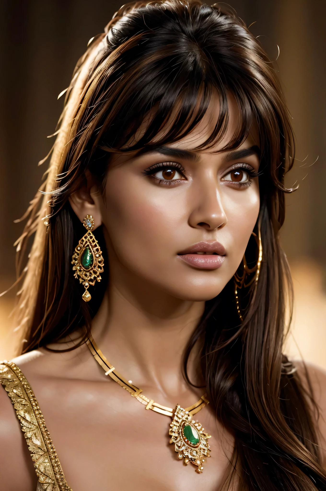 Cinematic ultra HD, hyper realistic full body portrait: 1.4, A 30 years old beautiful Indian woman with long dark brown hair and bangs, Masterpiece: 1.4, Stunning 30-year-old Indian woman, Ultra HD, Realistic, Full body image, Long dark brown hair with bangs, Sharp facial features, Deep golden dress with clinging neckline, Exquisite gold jewelry: necklace and earrings, Serious expression, Highlighted features, Textured hair, Elegant and charming, Cinematic lighting, Intense focus on the subject.